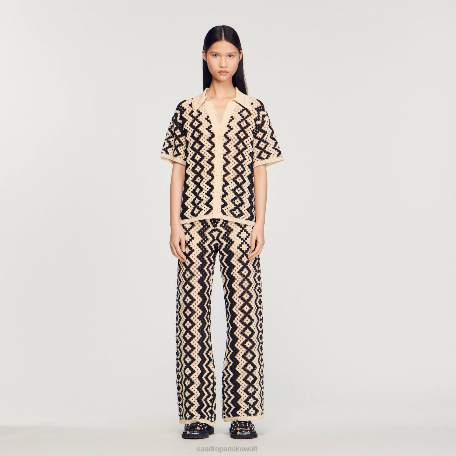 ثياب Sandro Paris قمة الكروشيه أسود/إكرو نحيف ZJ00139