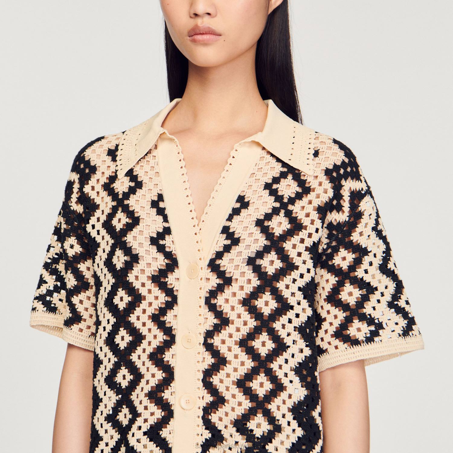 ثياب Sandro Paris قمة الكروشيه أسود/إكرو نحيف ZJ00139