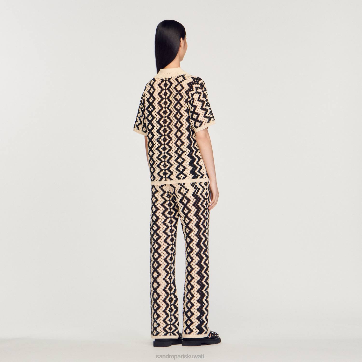 ثياب Sandro Paris قمة الكروشيه أسود/إكرو نحيف ZJ00139