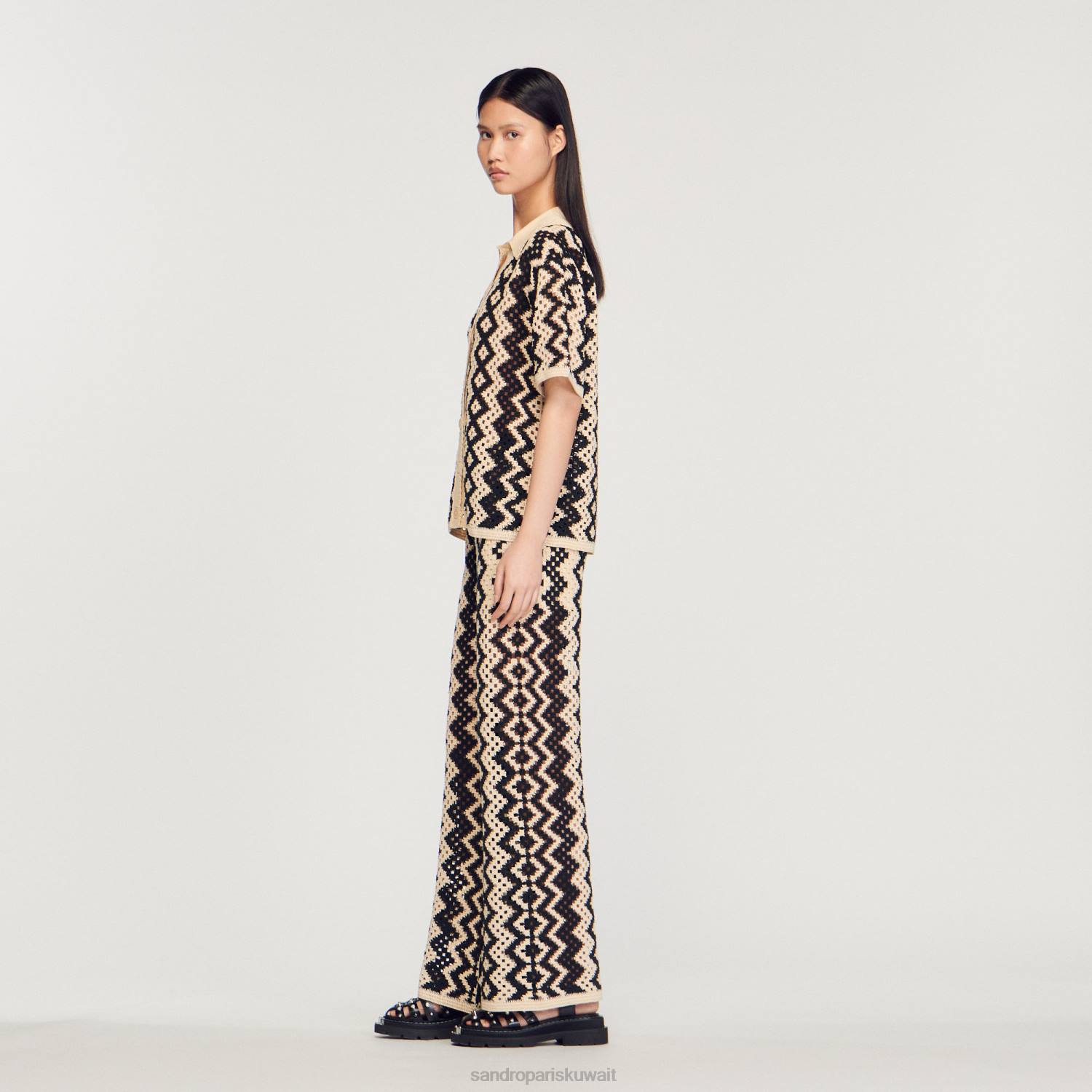 ثياب Sandro Paris قمة الكروشيه أسود/إكرو نحيف ZJ00139