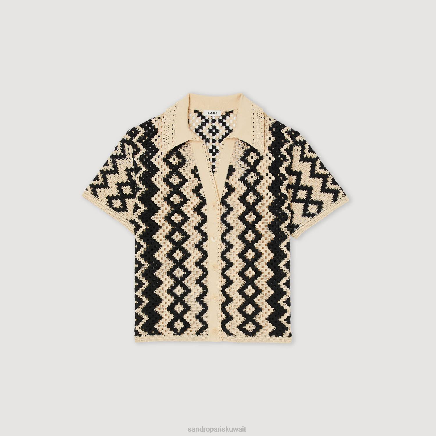 ثياب Sandro Paris قمة الكروشيه أسود/إكرو نحيف ZJ00139