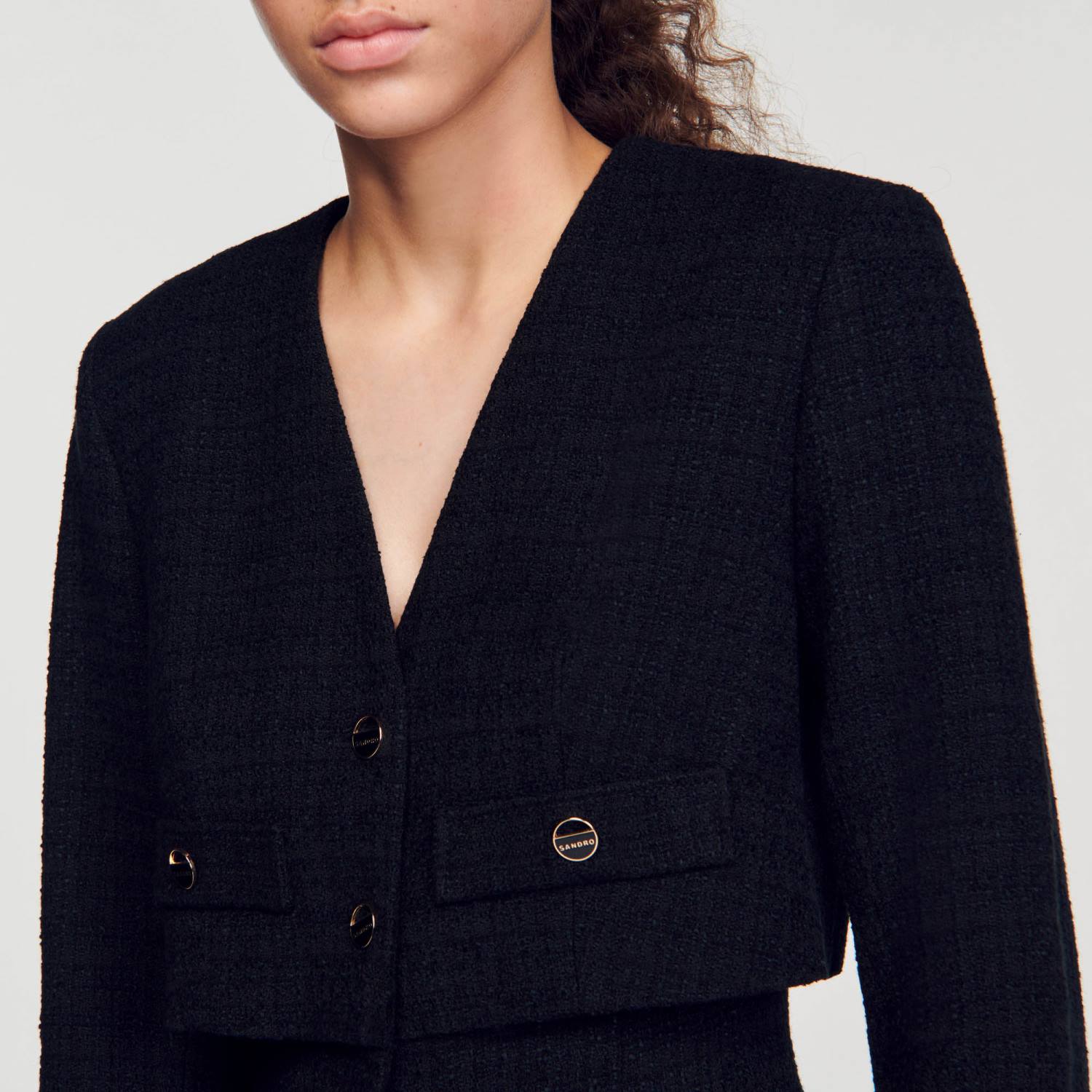 ثياب Sandro Paris بدلة تويد أسود نحيف ZJ00143