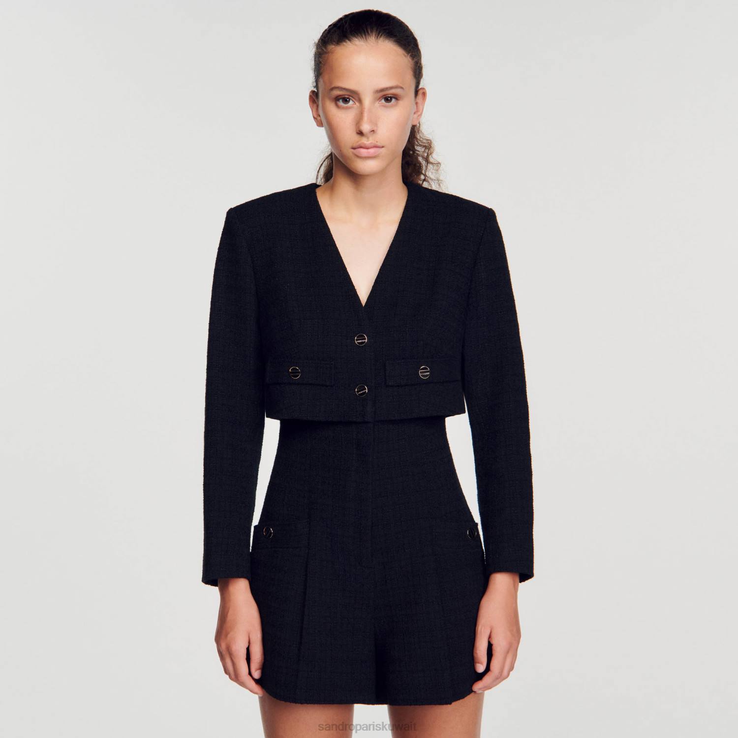 ثياب Sandro Paris بدلة تويد أسود نحيف ZJ00143