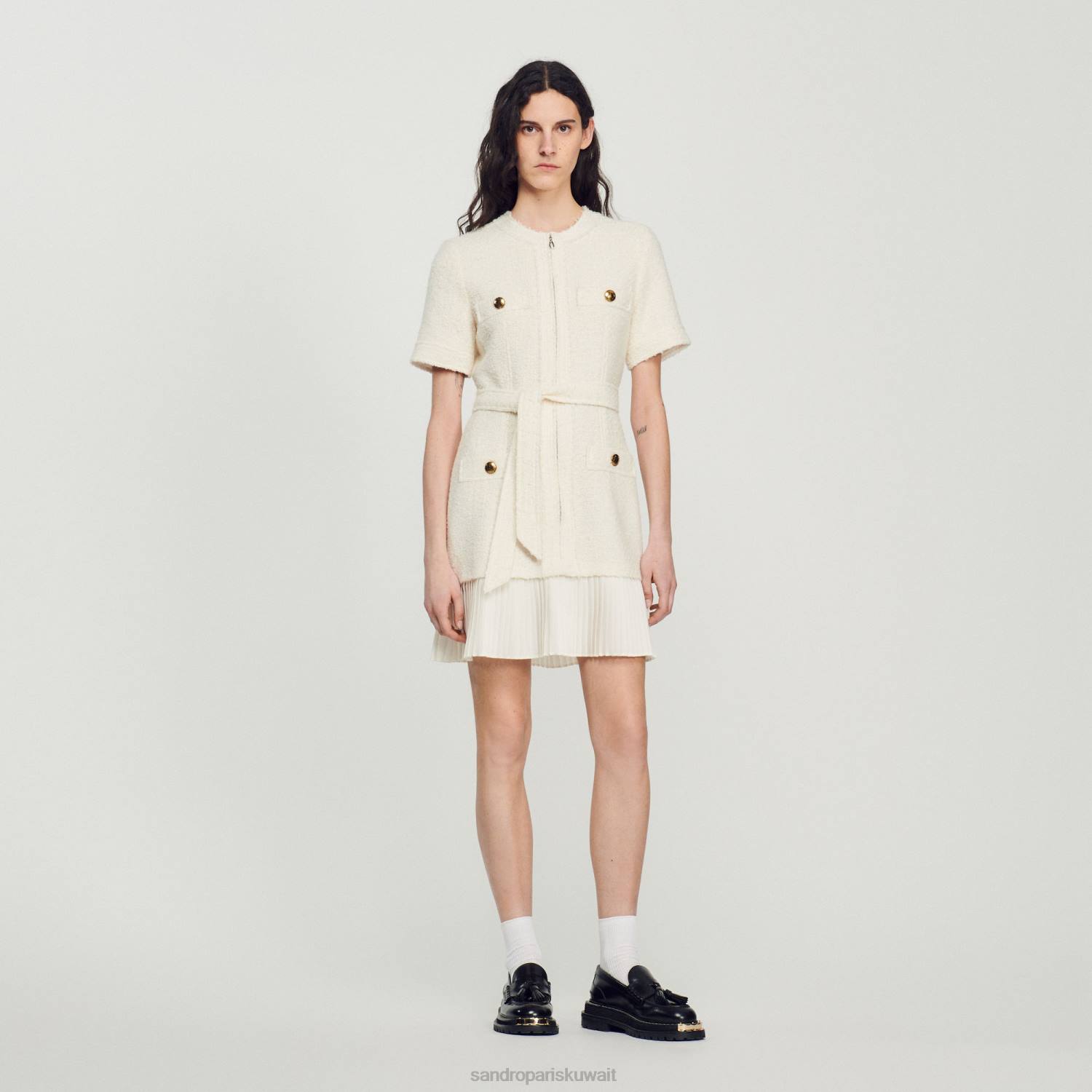 ثياب Sandro Paris فستان بمعطف من الصوف بتأثير التويد بيج فاتح نحيف ZJ00144
