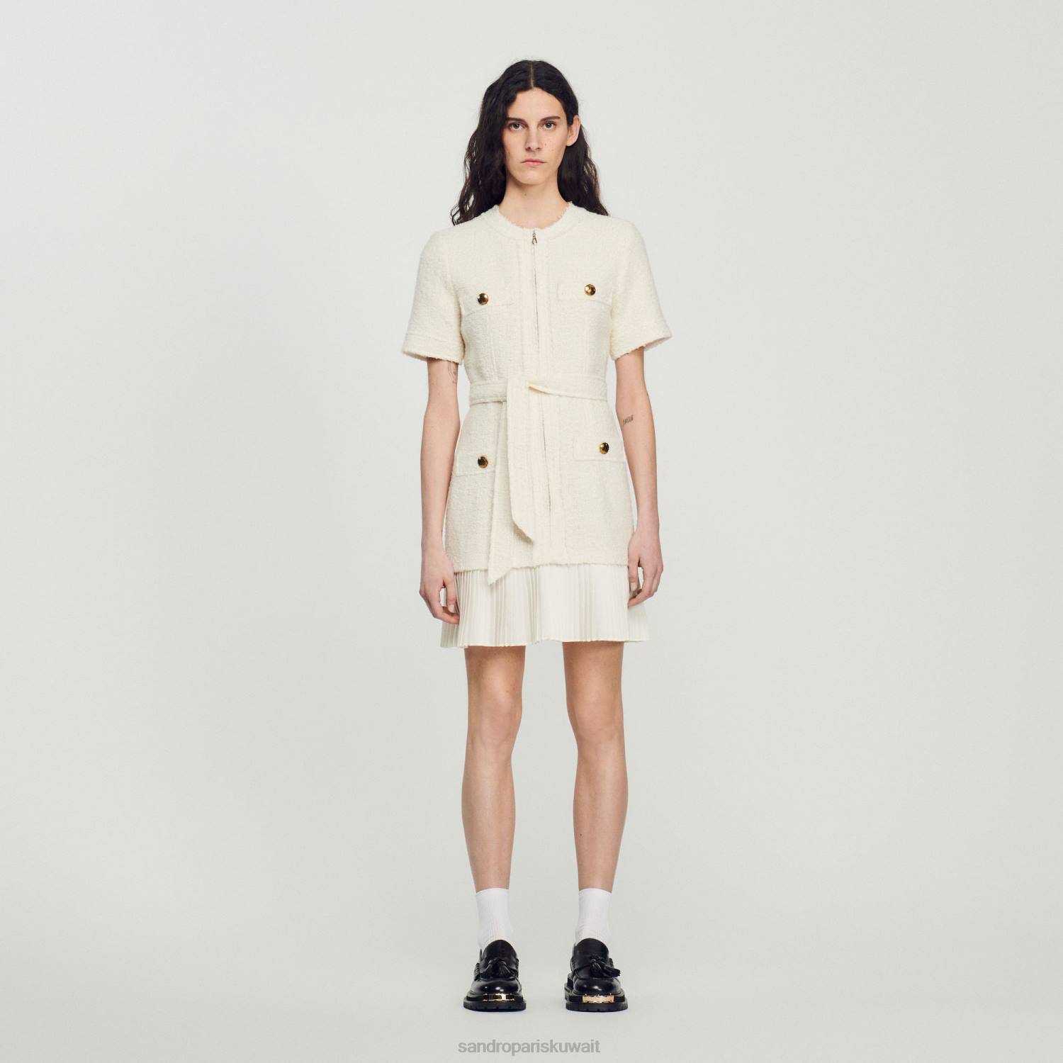 ثياب Sandro Paris فستان بمعطف من الصوف بتأثير التويد بيج فاتح نحيف ZJ00144