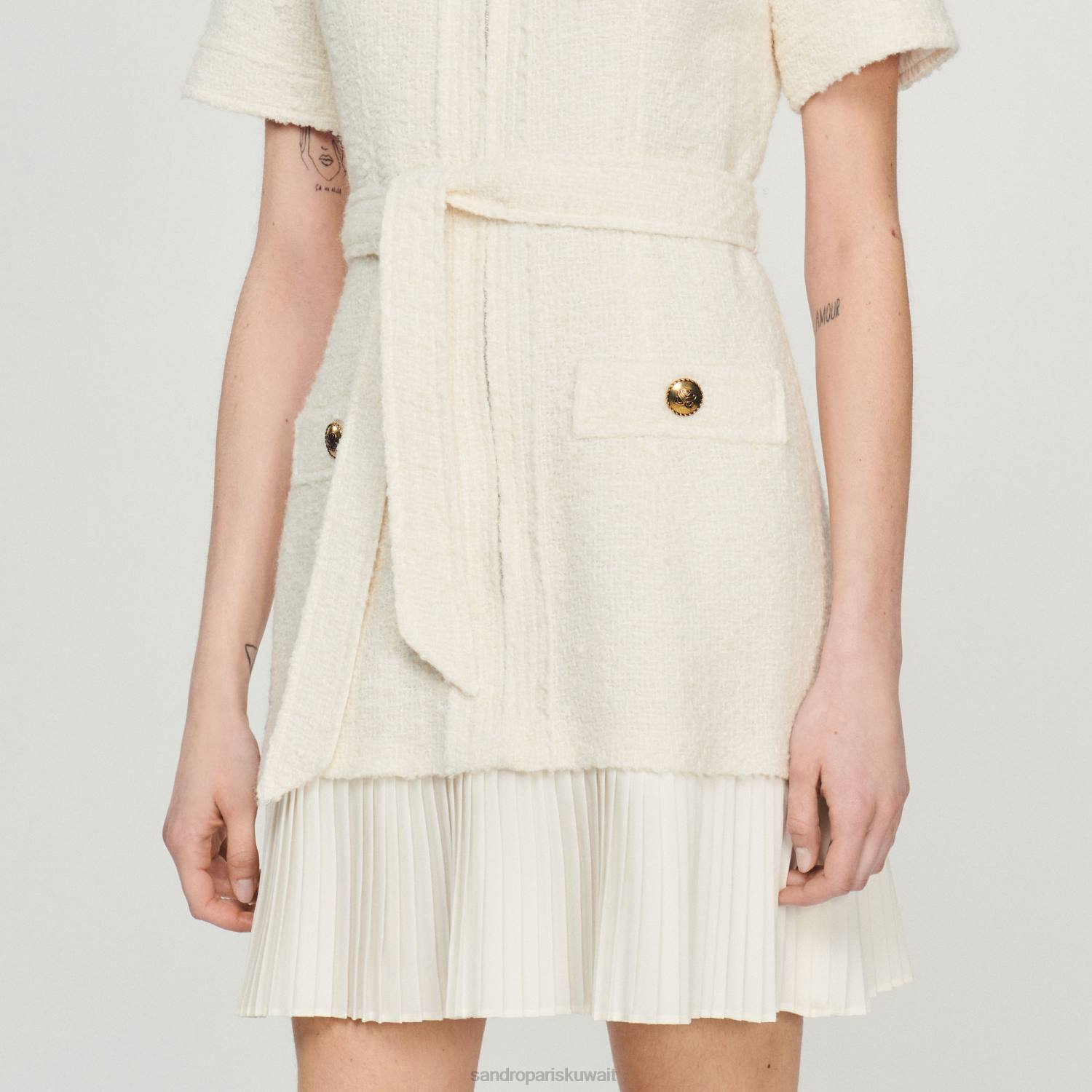 ثياب Sandro Paris فستان بمعطف من الصوف بتأثير التويد بيج فاتح نحيف ZJ00144