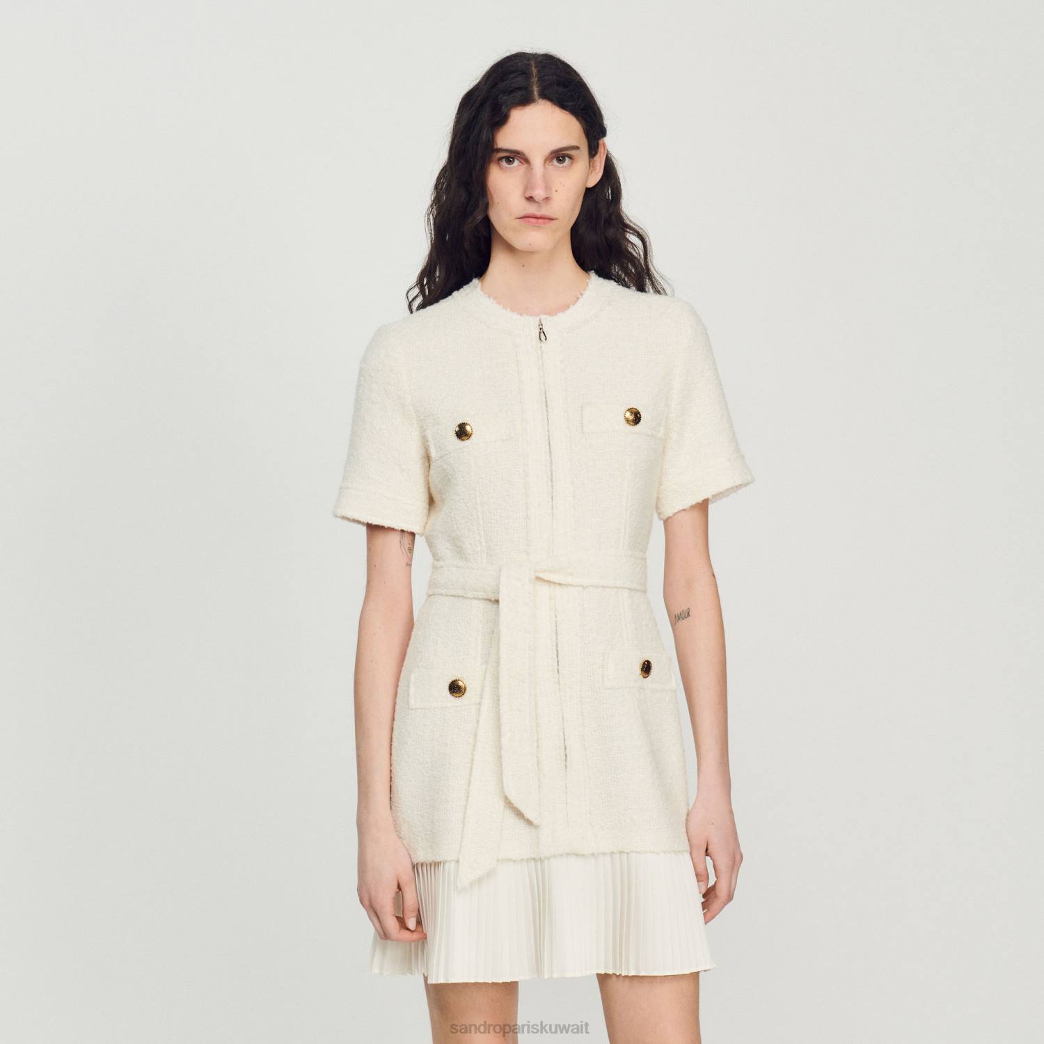ثياب Sandro Paris فستان بمعطف من الصوف بتأثير التويد بيج فاتح نحيف ZJ00144