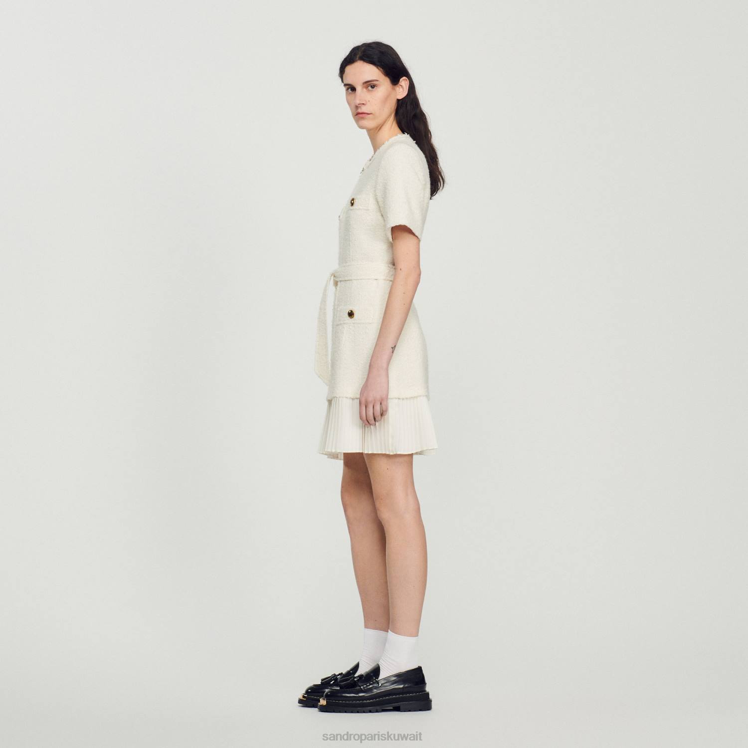ثياب Sandro Paris فستان بمعطف من الصوف بتأثير التويد بيج فاتح نحيف ZJ00144