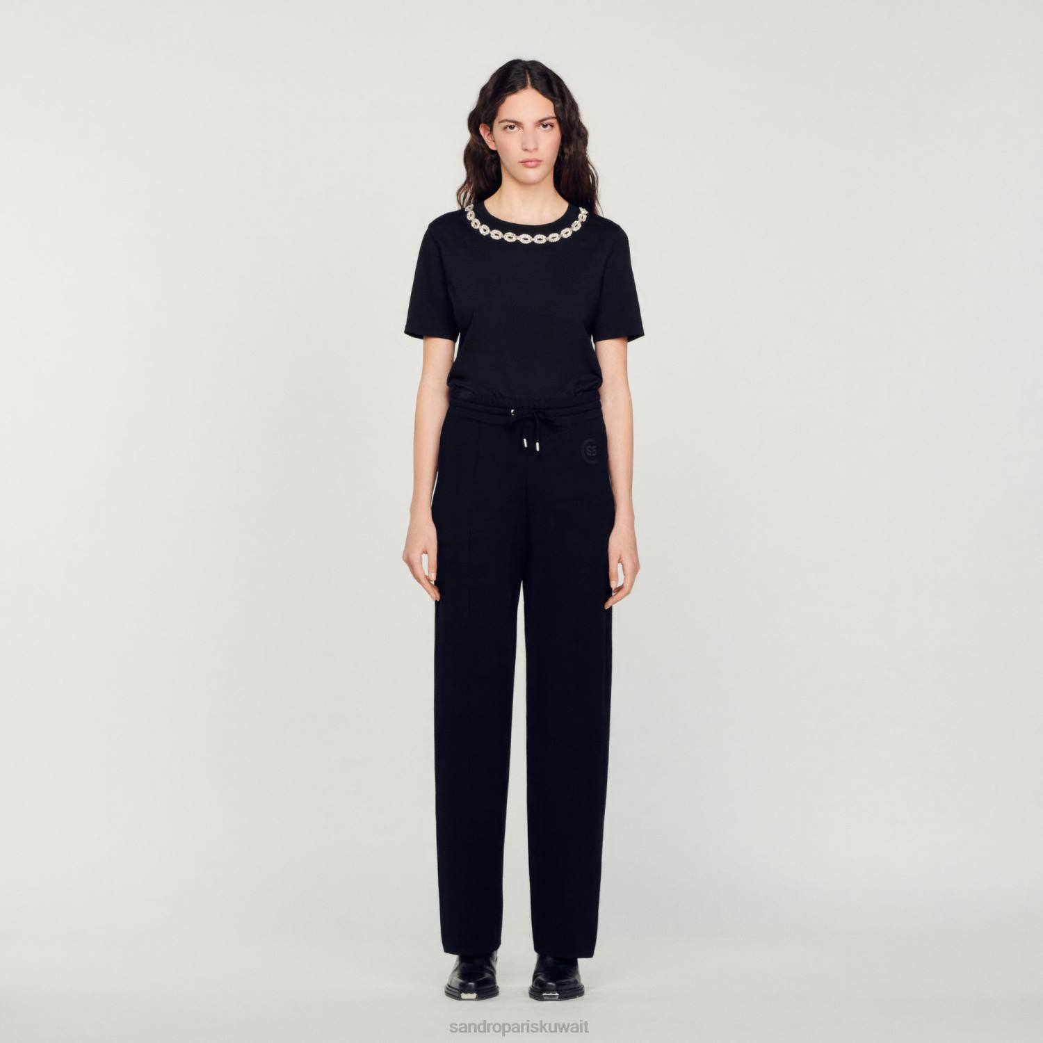 ثياب Sandro Paris بنطال محبوك بقصة مستقيمة أسود نحيف ZJ00145