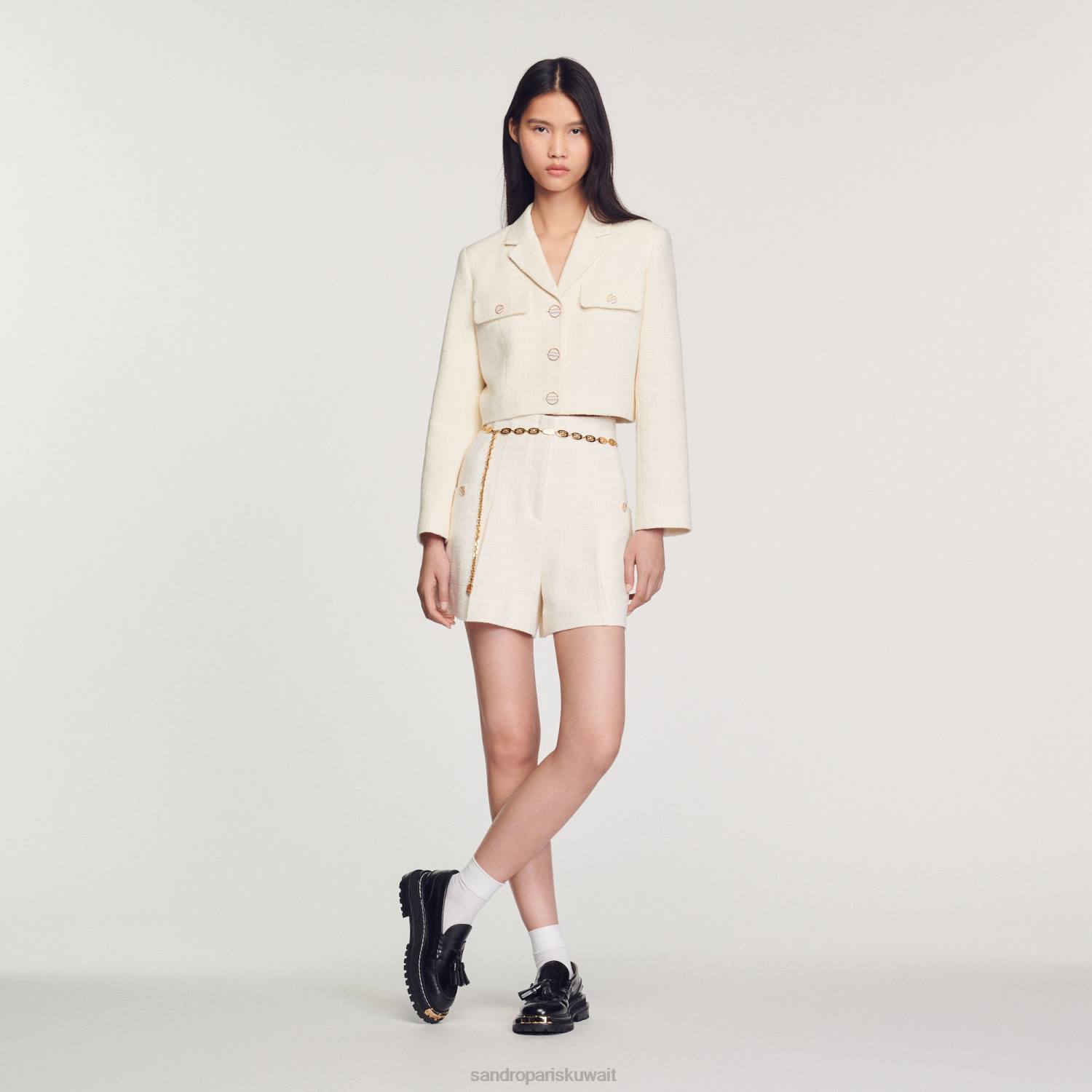 ثياب Sandro Paris تويد السراويل عالية مخصر بيج فاتح نحيف ZJ00148