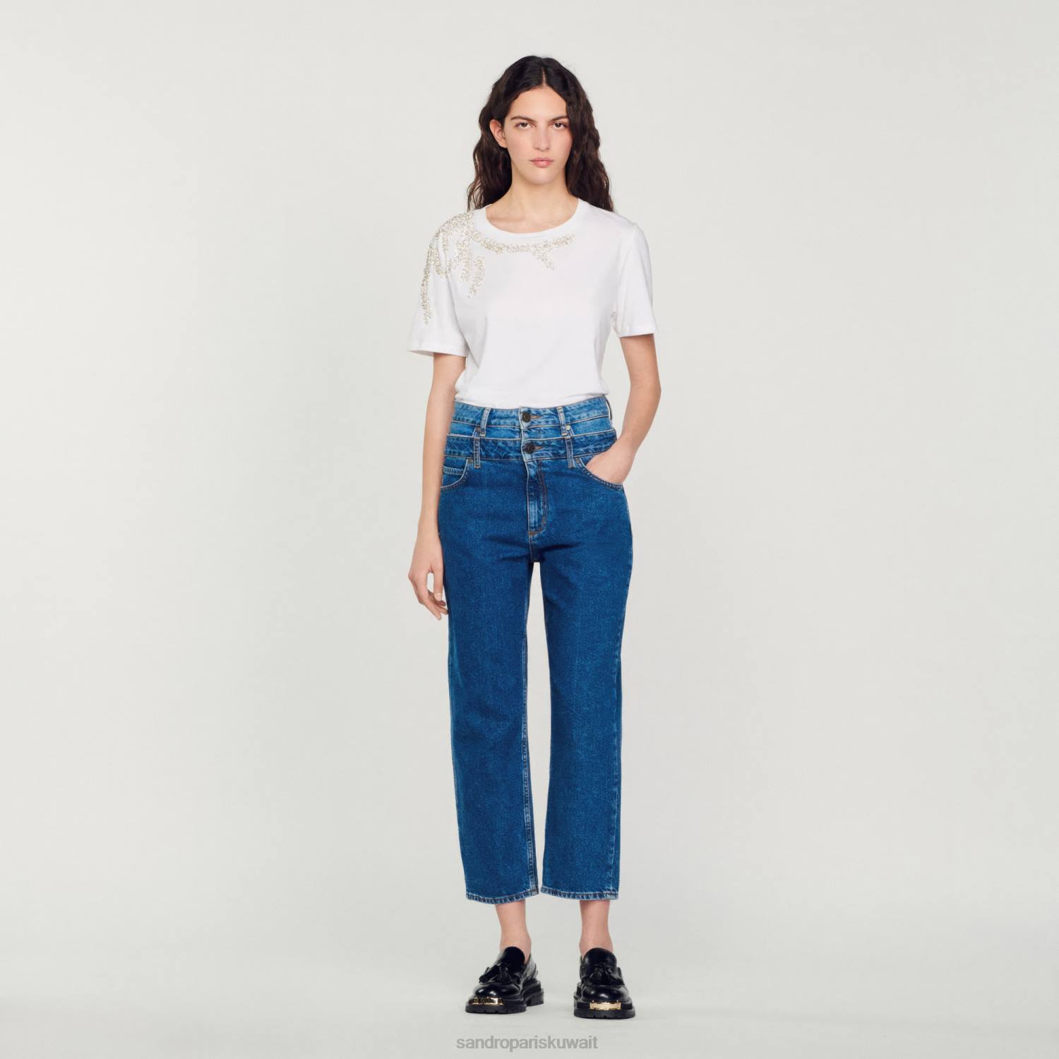 ثياب Sandro Paris تي شيرت مزين بحجر الراين أبيض نحيف ZJ00150