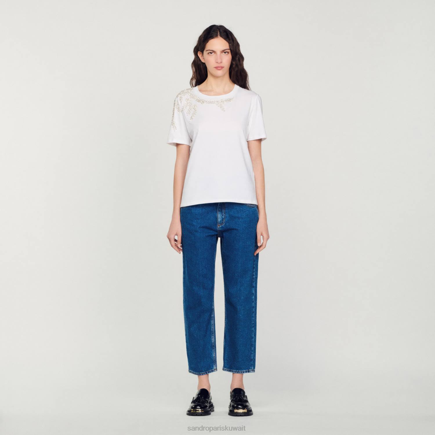 ثياب Sandro Paris تي شيرت مزين بحجر الراين أبيض نحيف ZJ00150