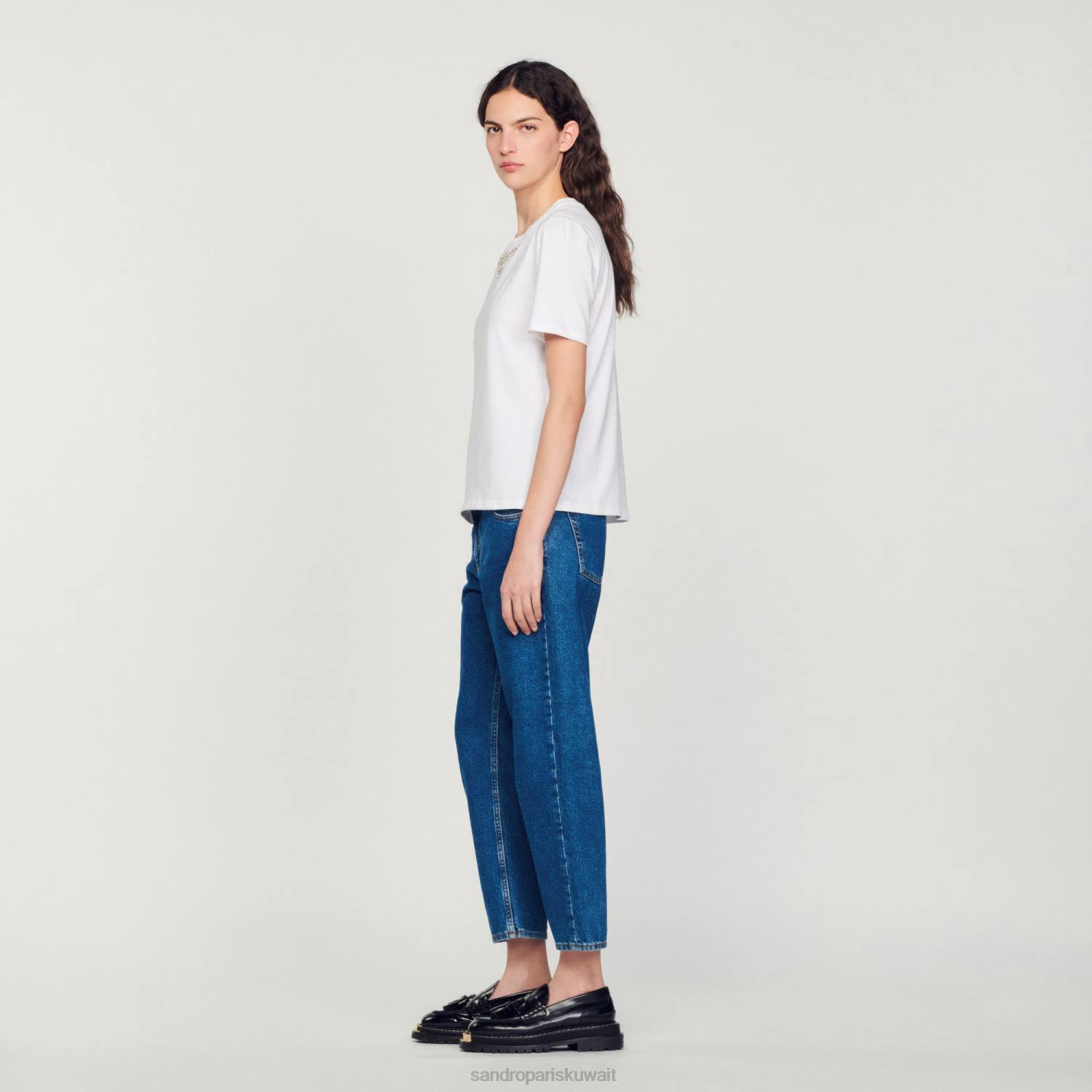 ثياب Sandro Paris تي شيرت مزين بحجر الراين أبيض نحيف ZJ00150