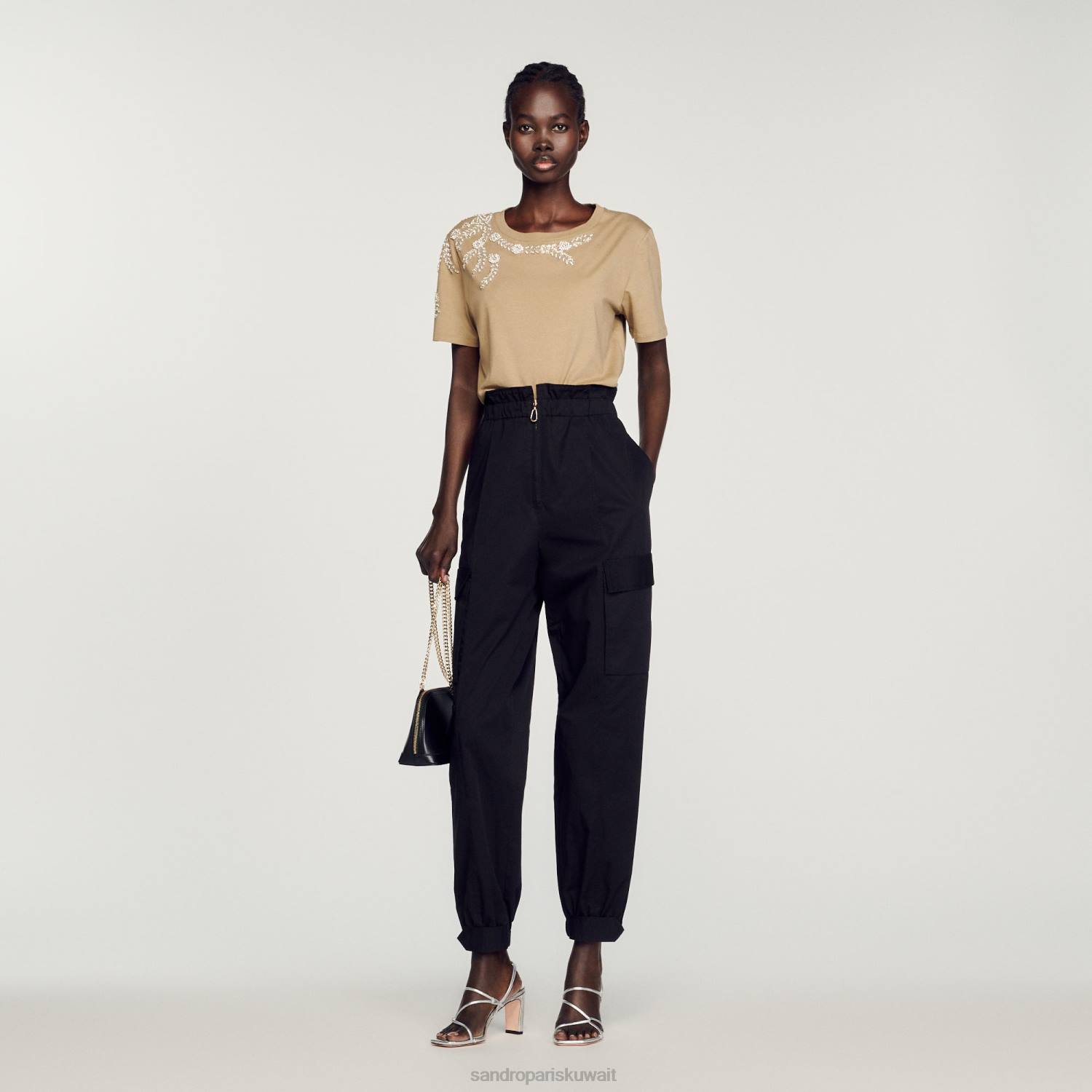 ثياب Sandro Paris تي شيرت مزين بحجر الراين أخضر زيتوني نحيف ZJ00151