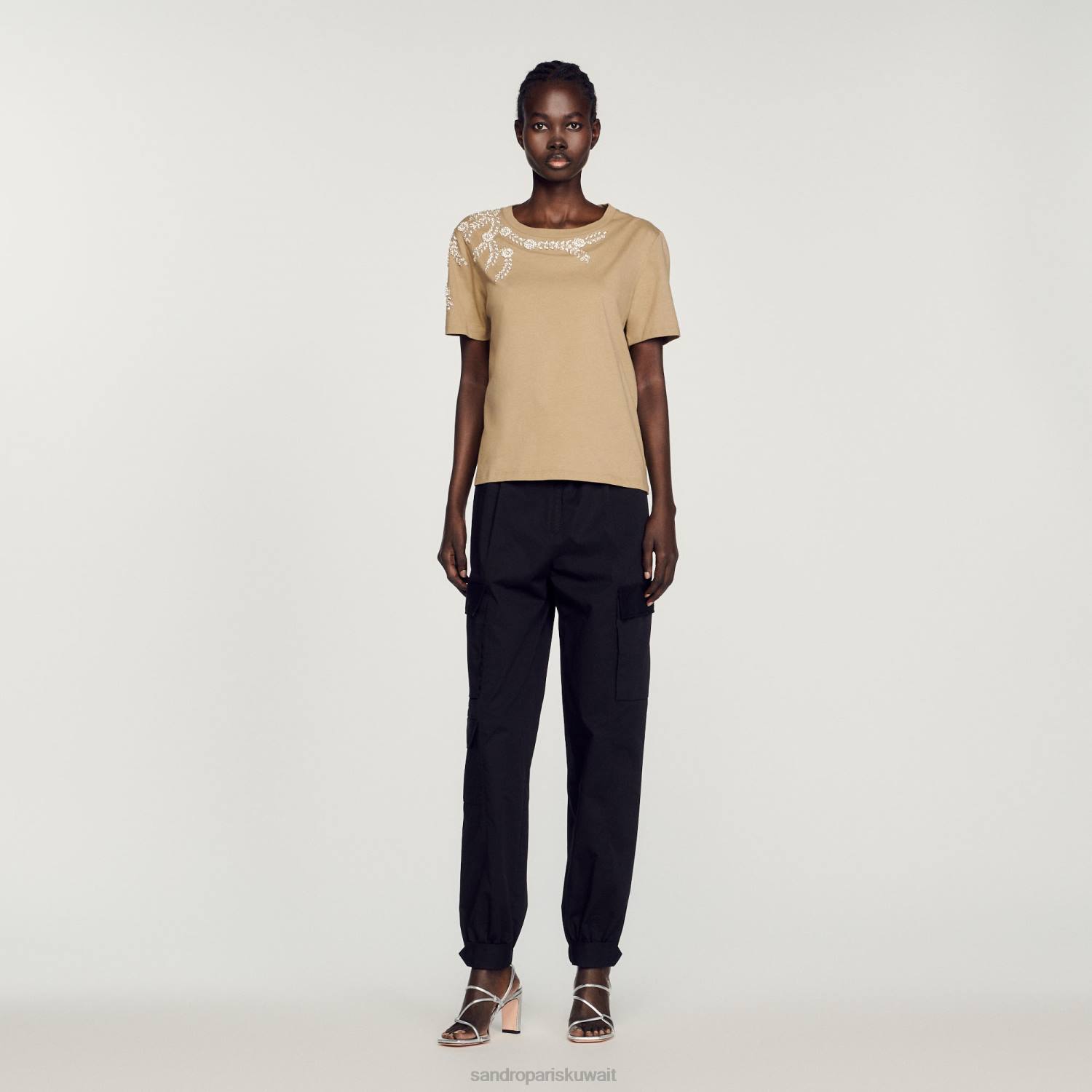 ثياب Sandro Paris تي شيرت مزين بحجر الراين أخضر زيتوني نحيف ZJ00151