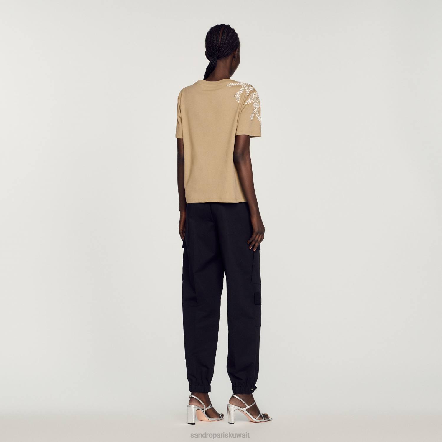 ثياب Sandro Paris تي شيرت مزين بحجر الراين أخضر زيتوني نحيف ZJ00151