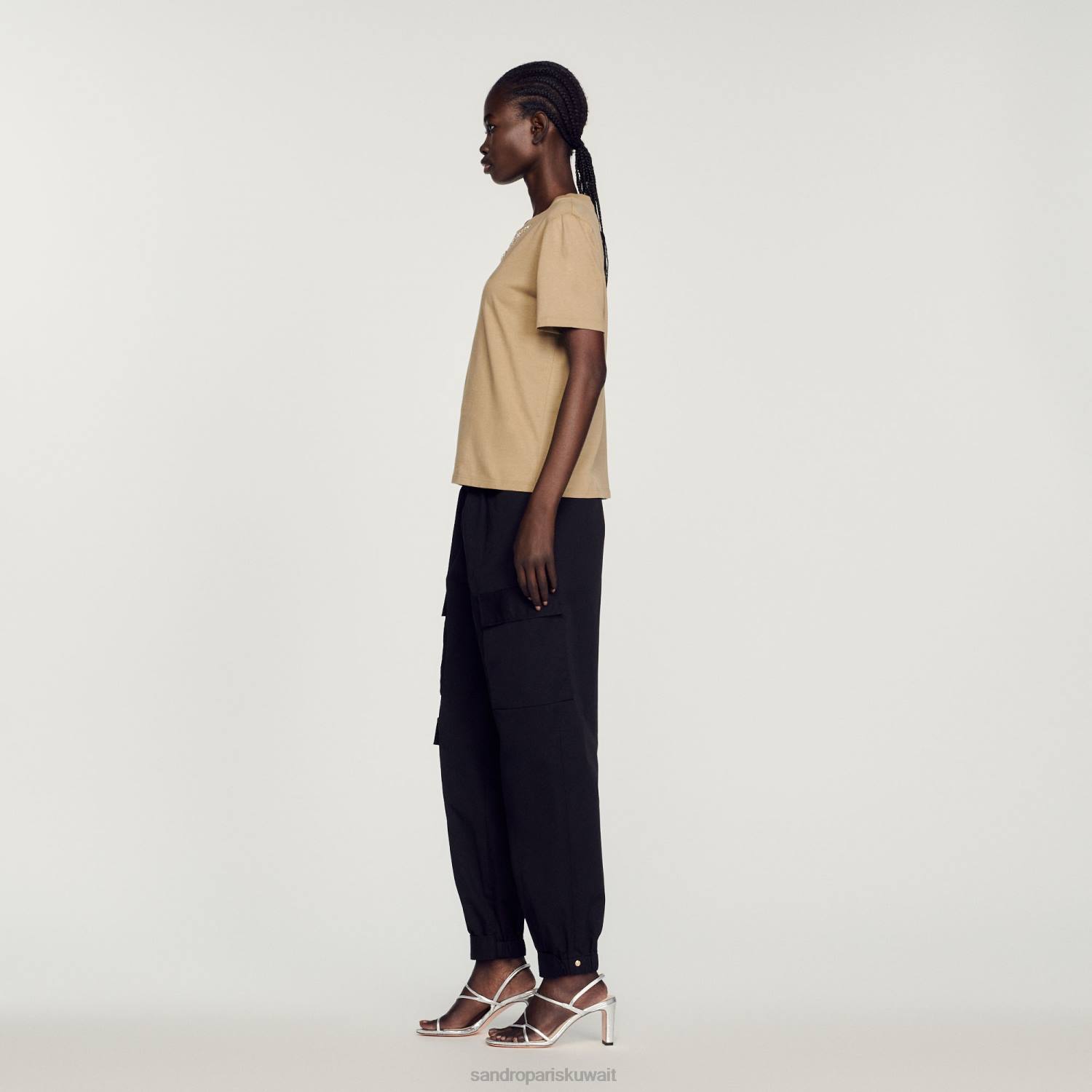 ثياب Sandro Paris تي شيرت مزين بحجر الراين أخضر زيتوني نحيف ZJ00151