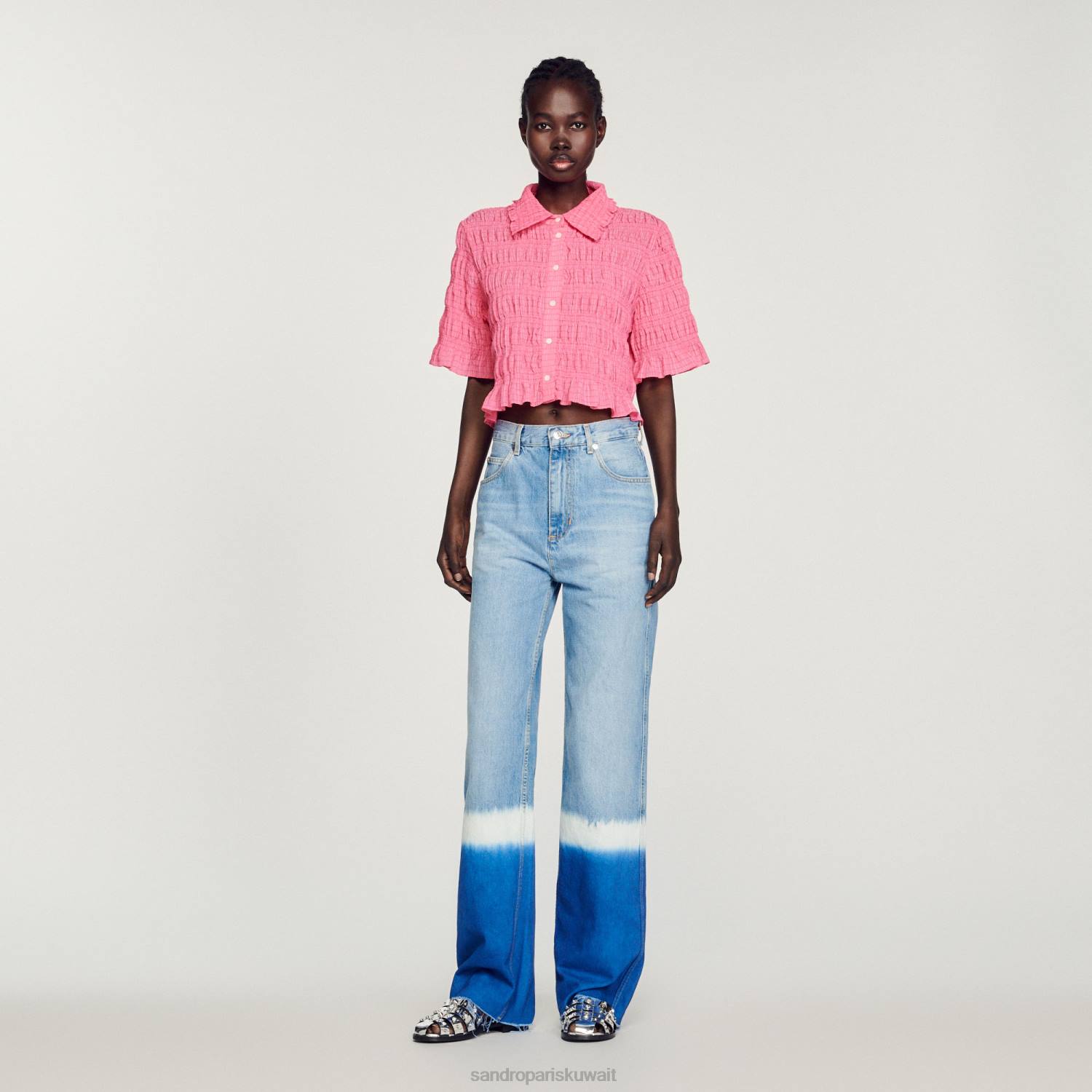 ثياب Sandro Paris قميص قصير مدخن الحلوى الوردية نحيف ZJ00152