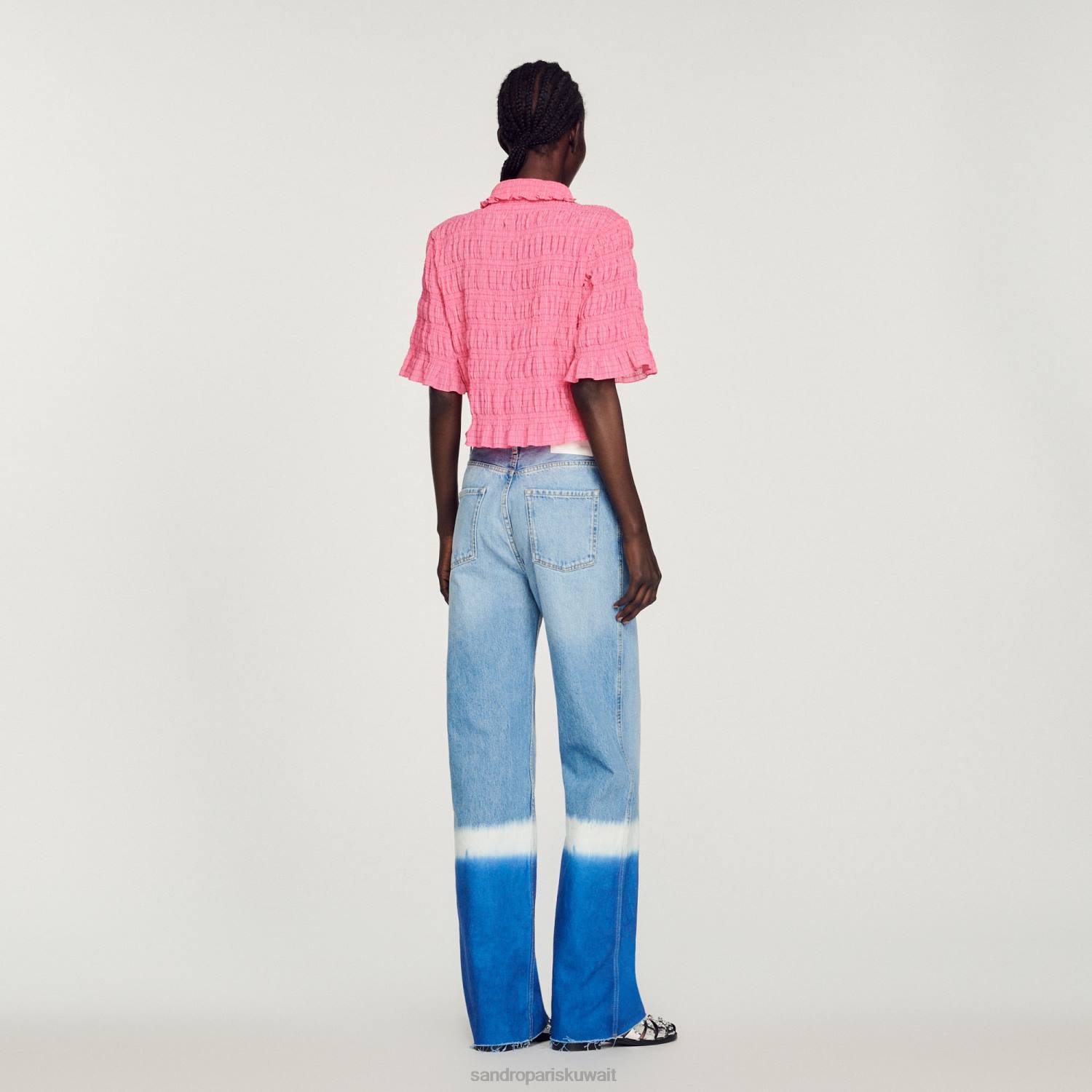 ثياب Sandro Paris قميص قصير مدخن الحلوى الوردية نحيف ZJ00152