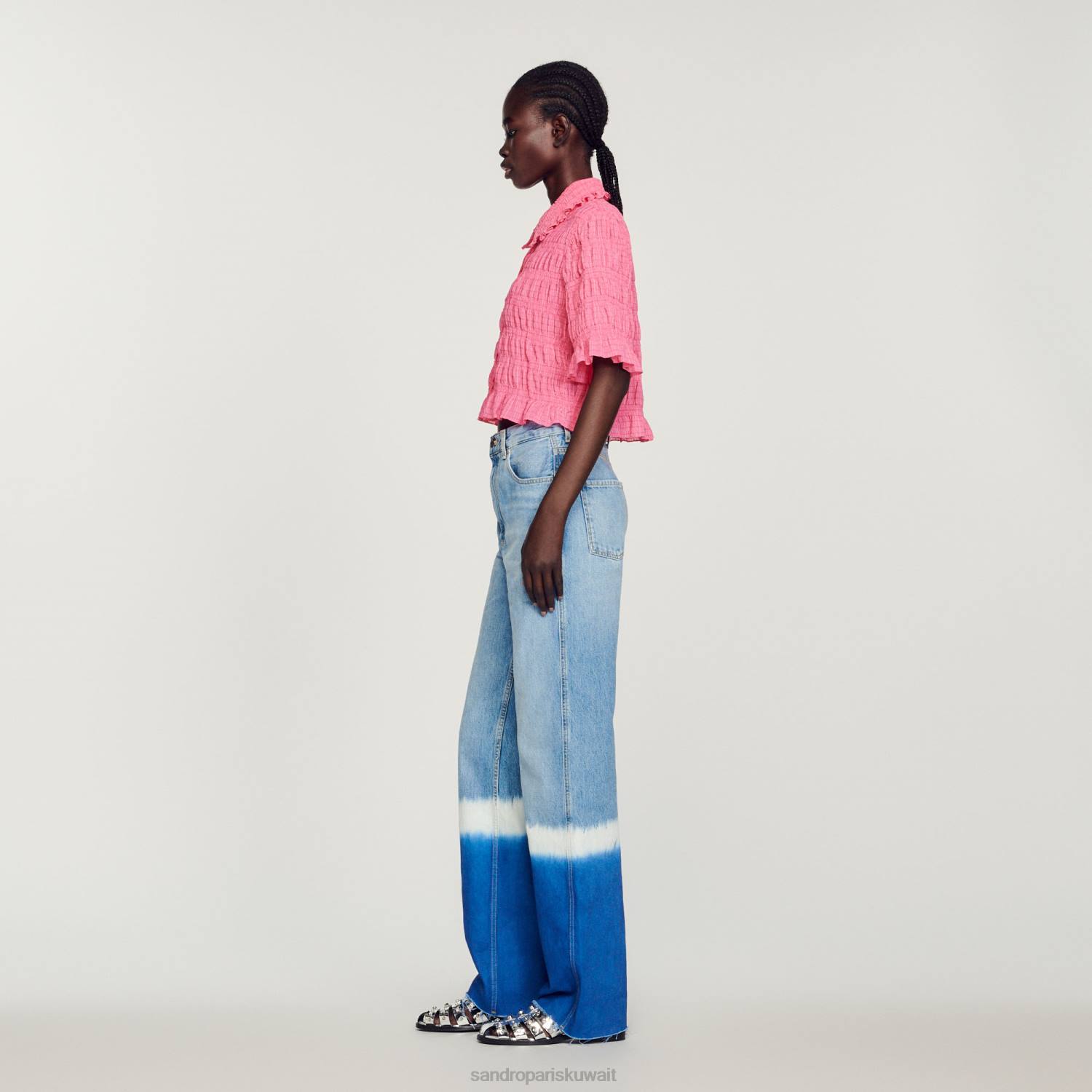 ثياب Sandro Paris قميص قصير مدخن الحلوى الوردية نحيف ZJ00152