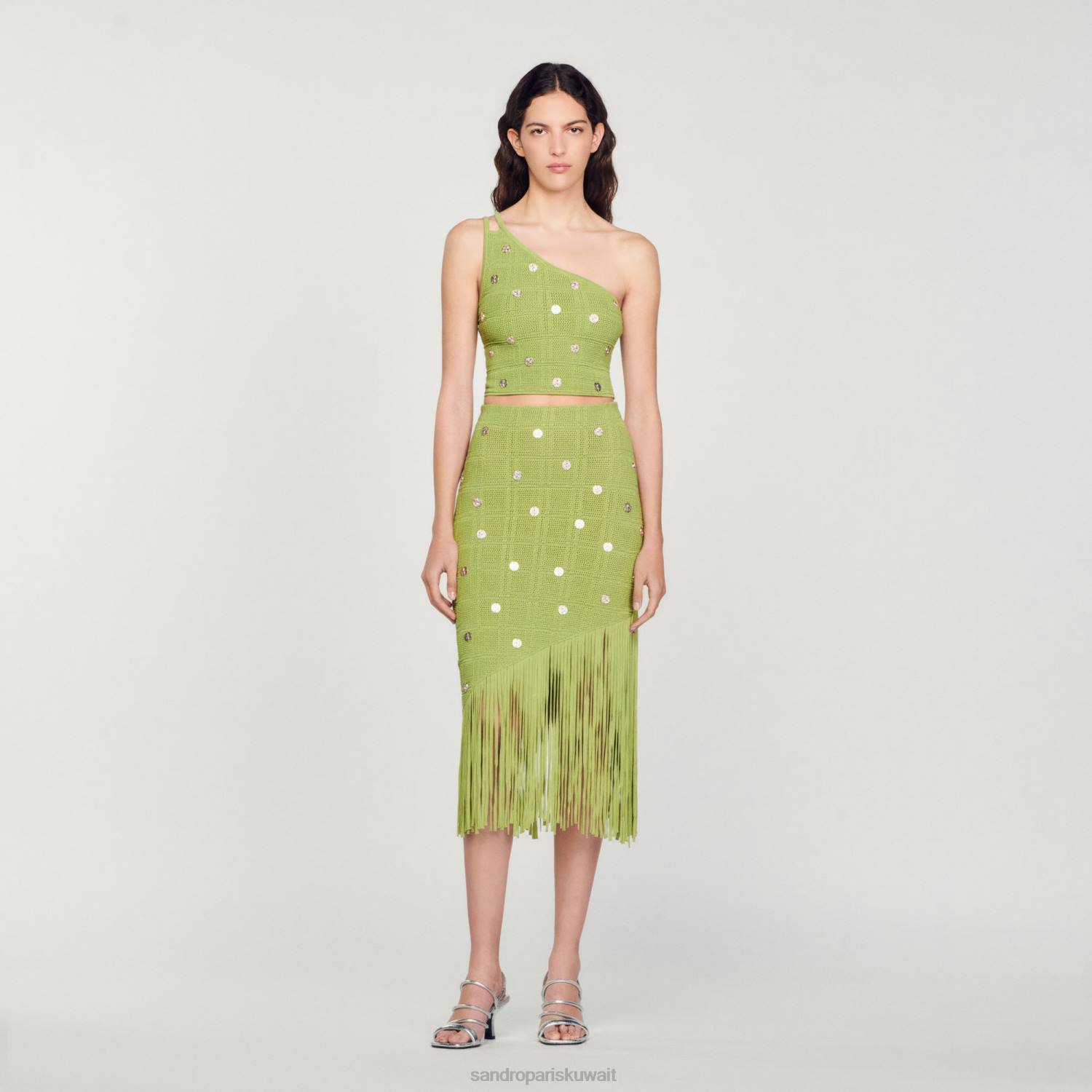 ثياب Sandro Paris أعلى المحاصيل متماسكة أخضر زيتوني نحيف ZJ00153