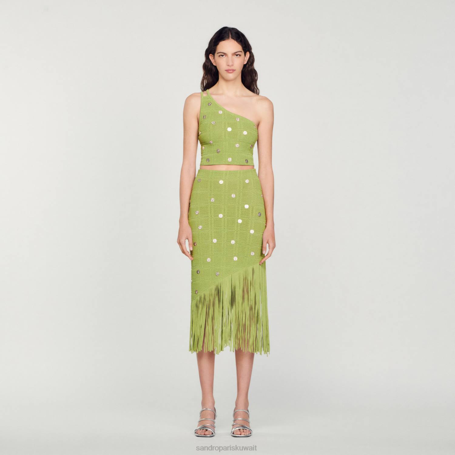 ثياب Sandro Paris أعلى المحاصيل متماسكة أخضر زيتوني نحيف ZJ00153