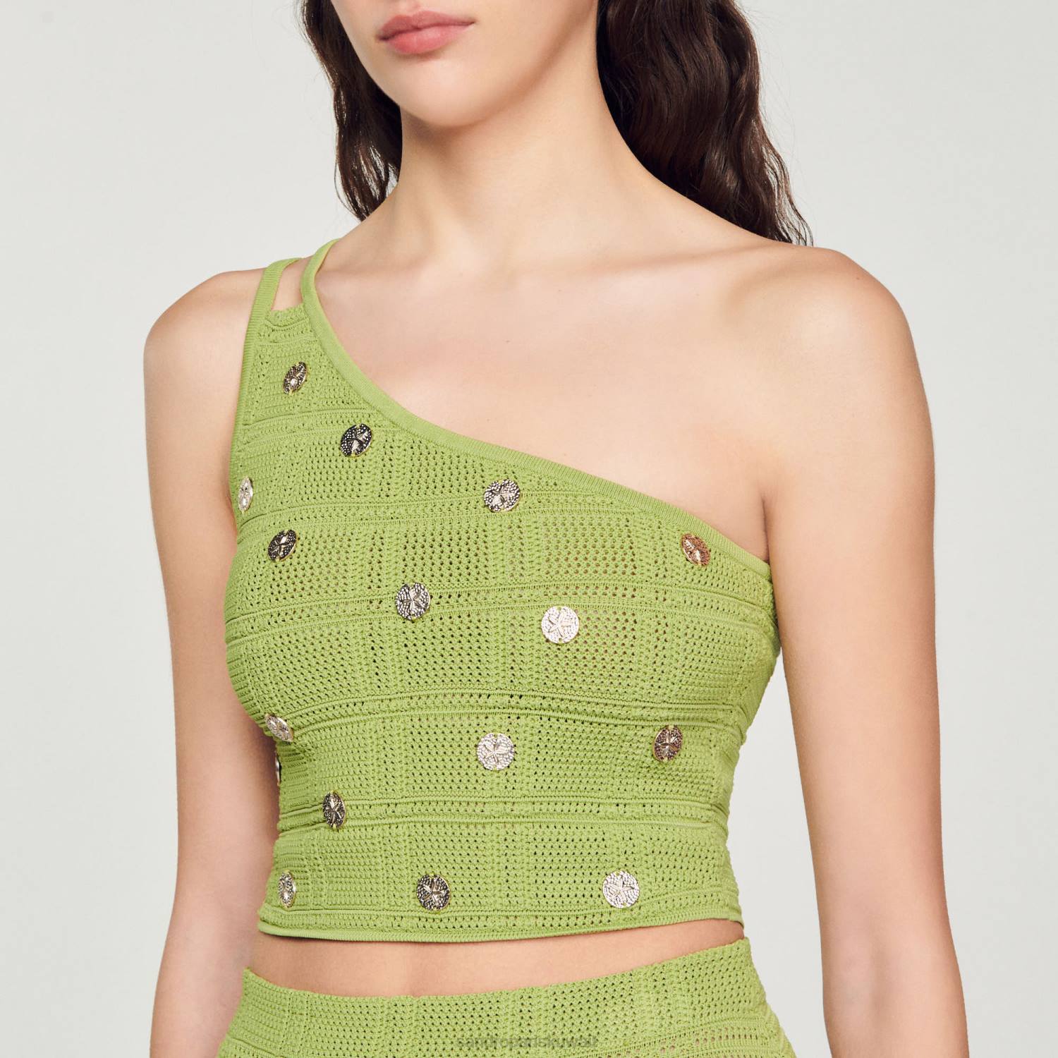 ثياب Sandro Paris أعلى المحاصيل متماسكة أخضر زيتوني نحيف ZJ00153