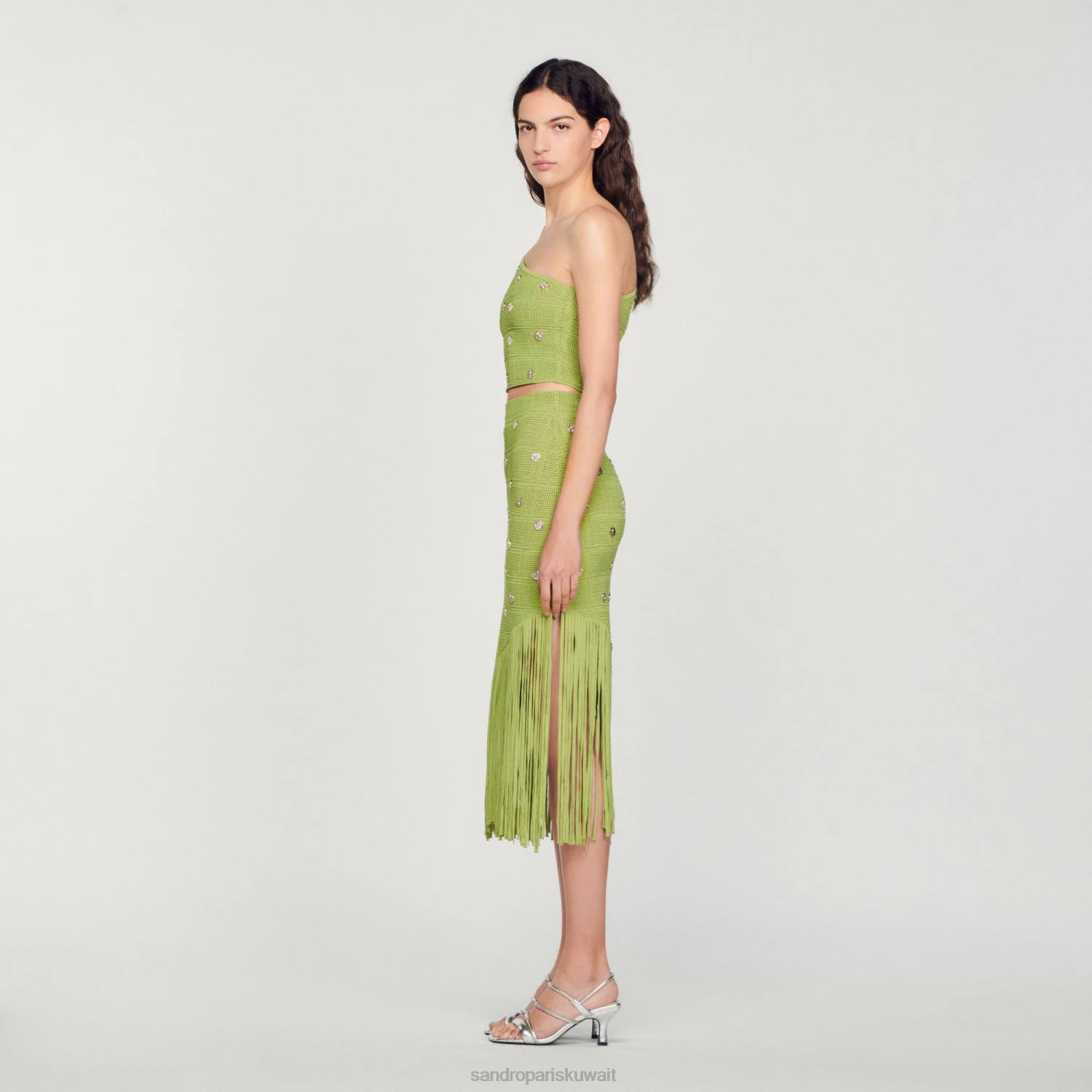 ثياب Sandro Paris أعلى المحاصيل متماسكة أخضر زيتوني نحيف ZJ00153