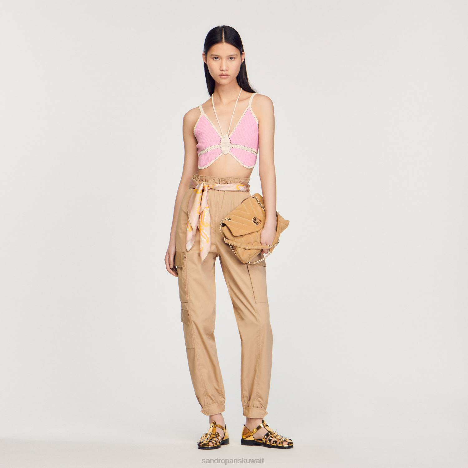 ثياب Sandro Paris قمة الفراشة الكروشيه لون القرنفل نحيف ZJ00154