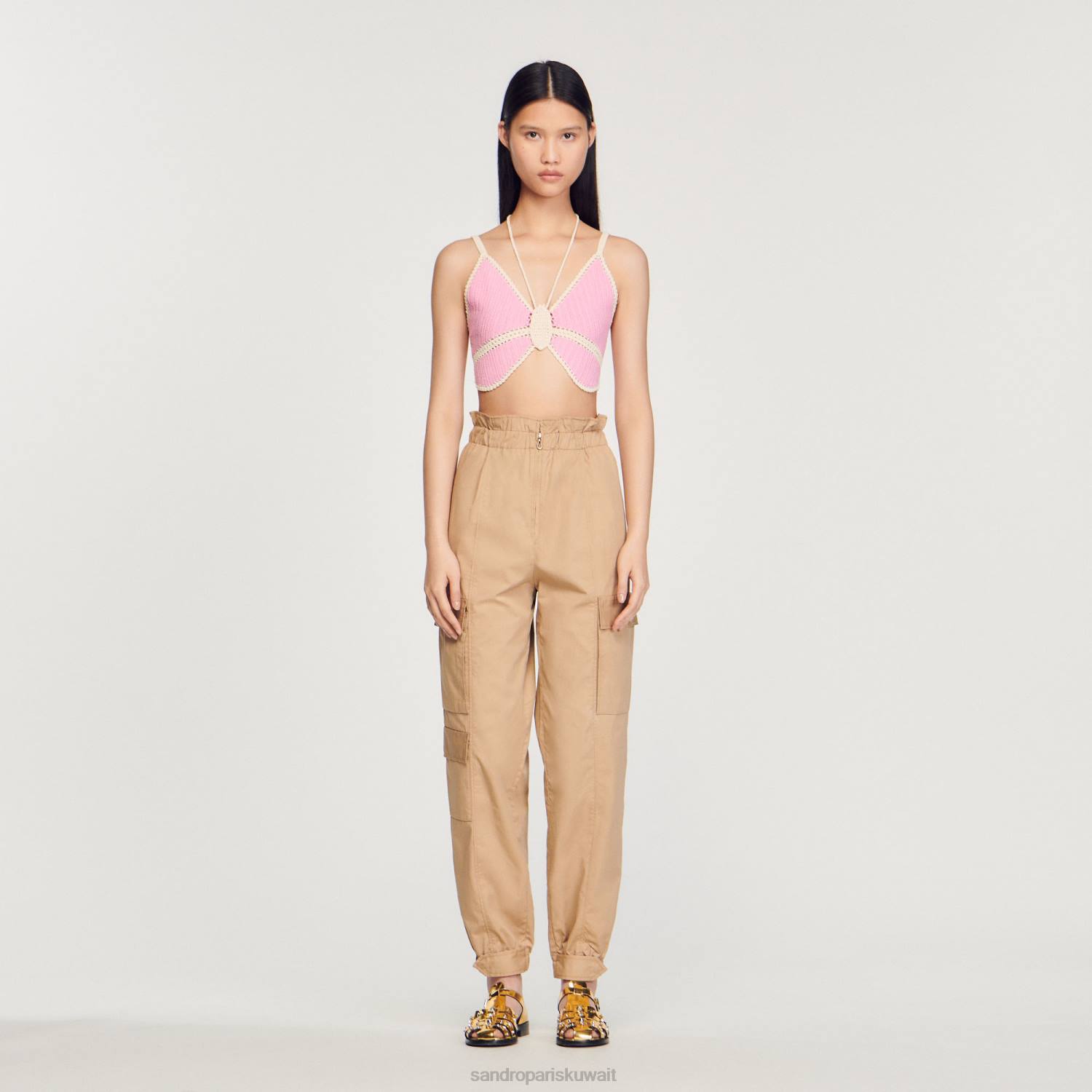 ثياب Sandro Paris قمة الفراشة الكروشيه لون القرنفل نحيف ZJ00154