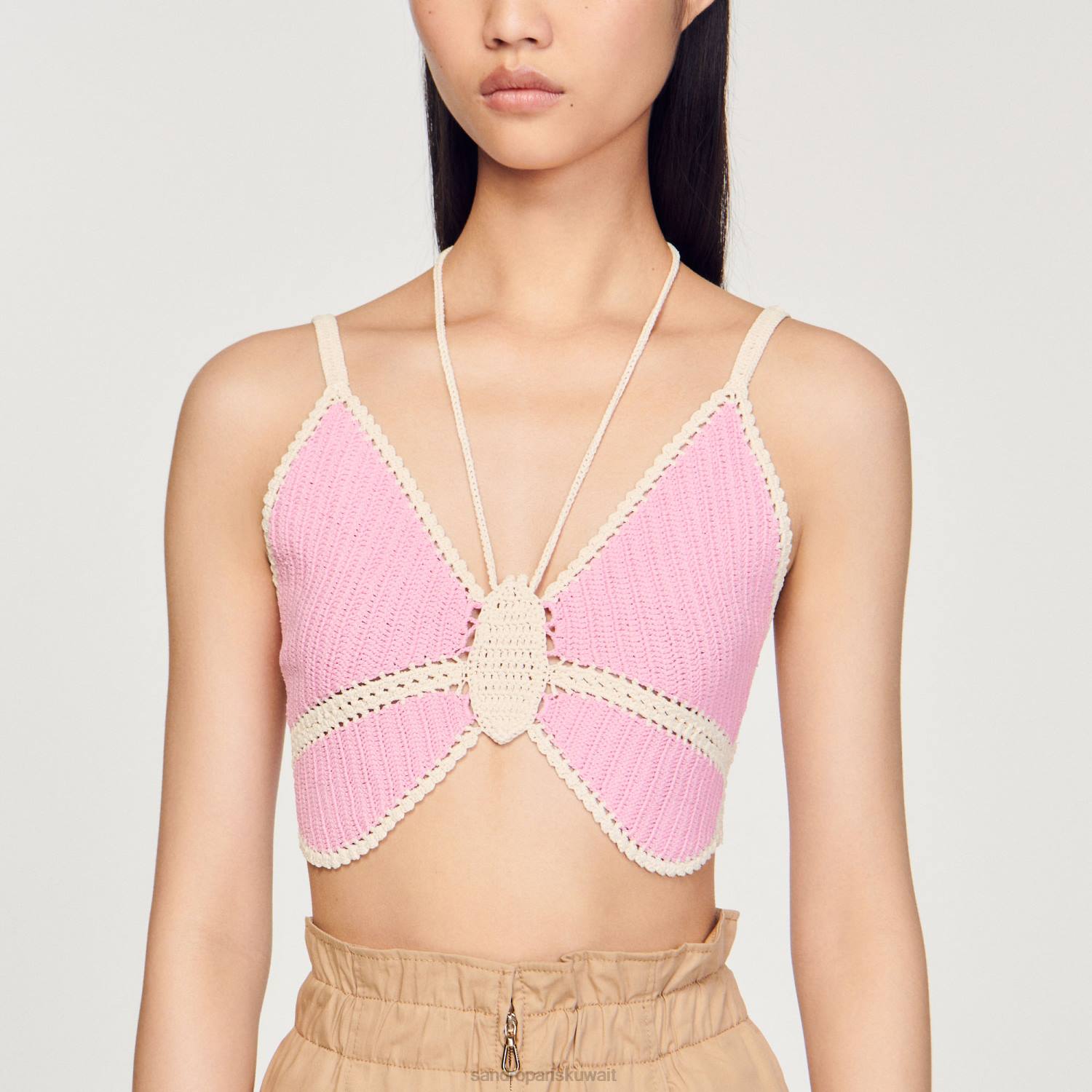 ثياب Sandro Paris قمة الفراشة الكروشيه لون القرنفل نحيف ZJ00154