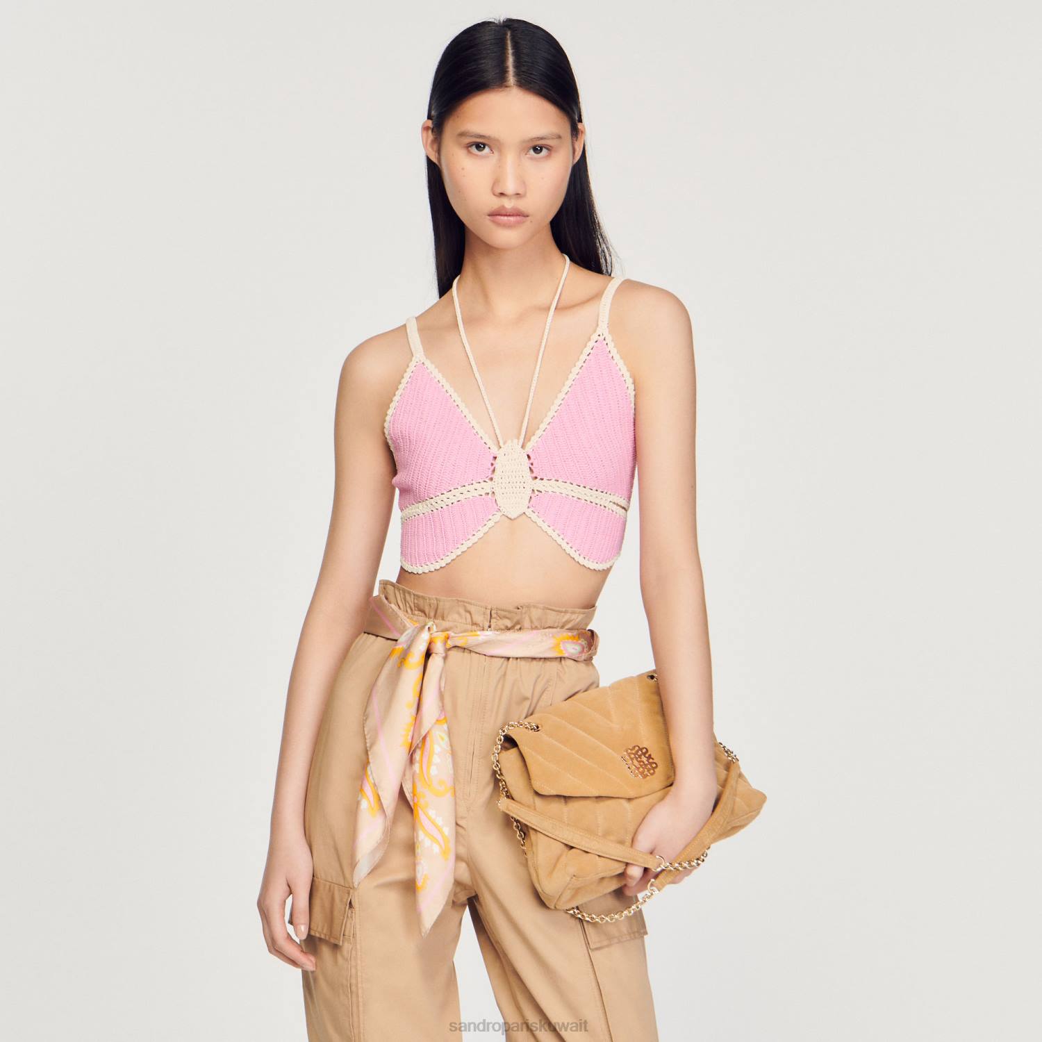 ثياب Sandro Paris قمة الفراشة الكروشيه لون القرنفل نحيف ZJ00154