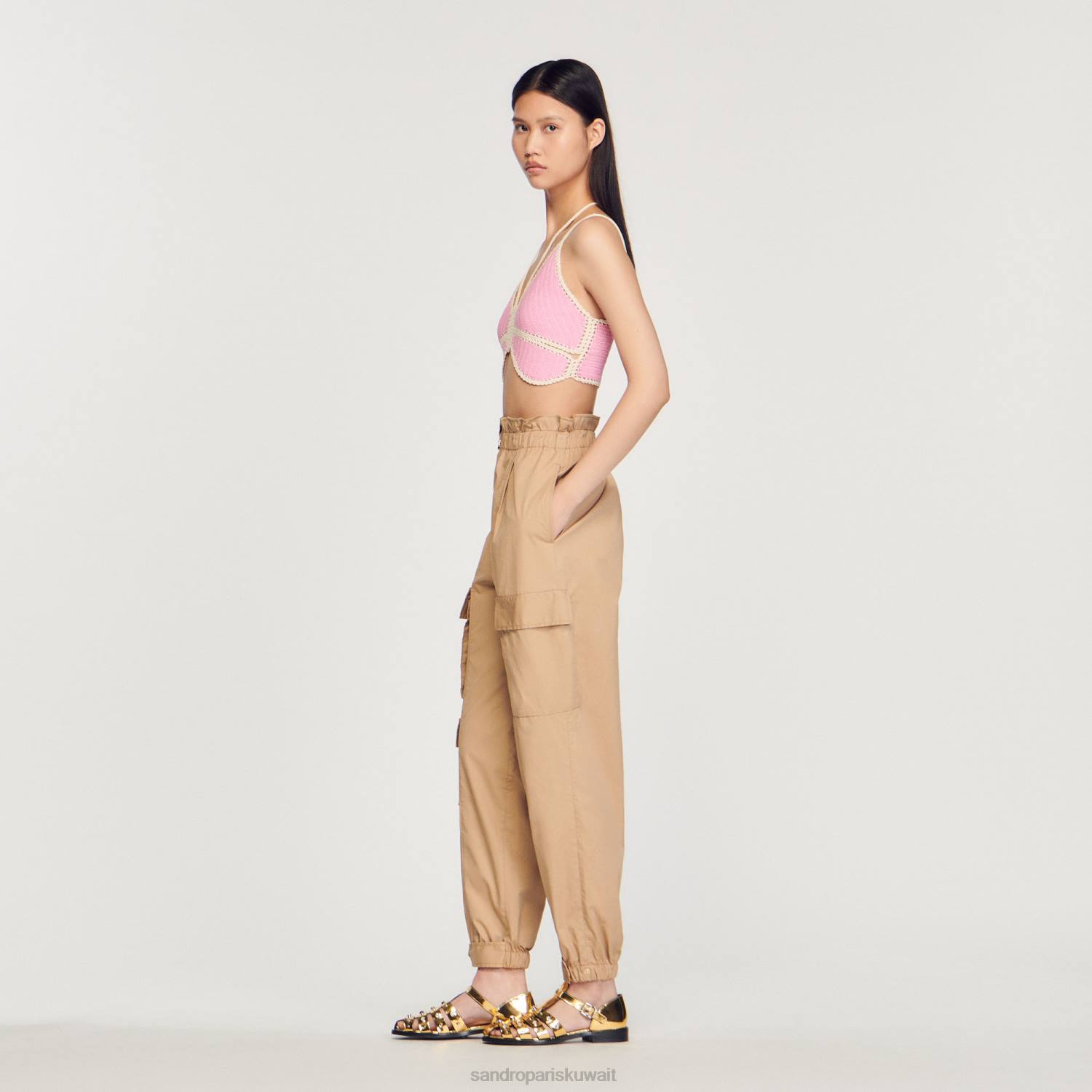 ثياب Sandro Paris قمة الفراشة الكروشيه لون القرنفل نحيف ZJ00154