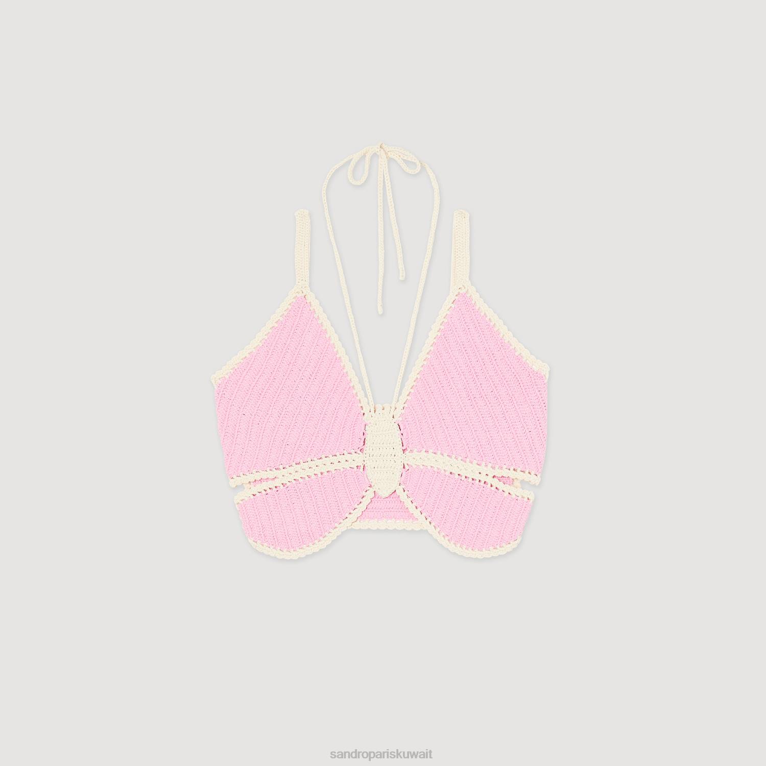 ثياب Sandro Paris قمة الفراشة الكروشيه لون القرنفل نحيف ZJ00154