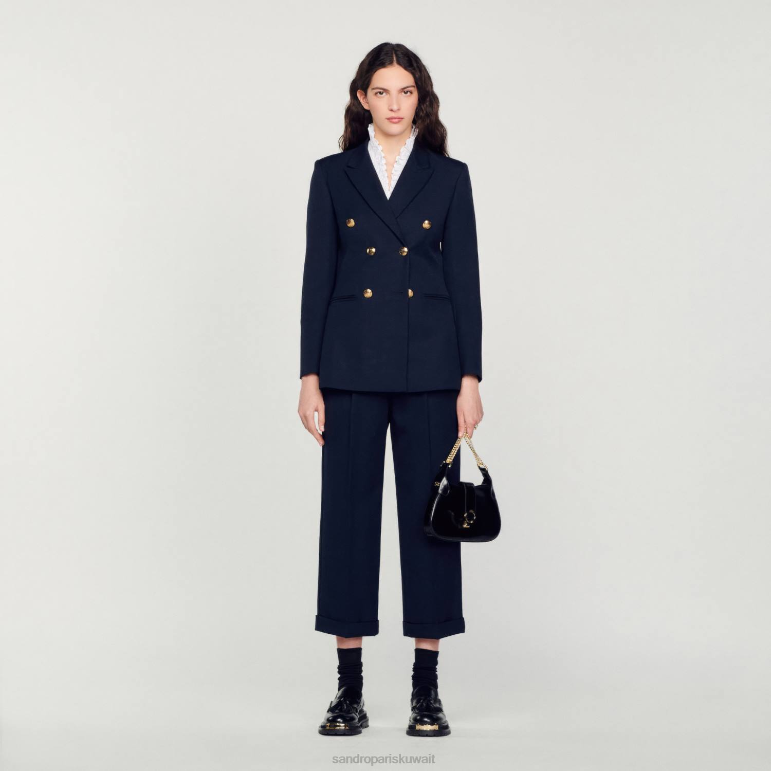 ثياب Sandro Paris سترة بدلة مزدوجة الصدر الأزرق الداكن نحيف ZJ00155