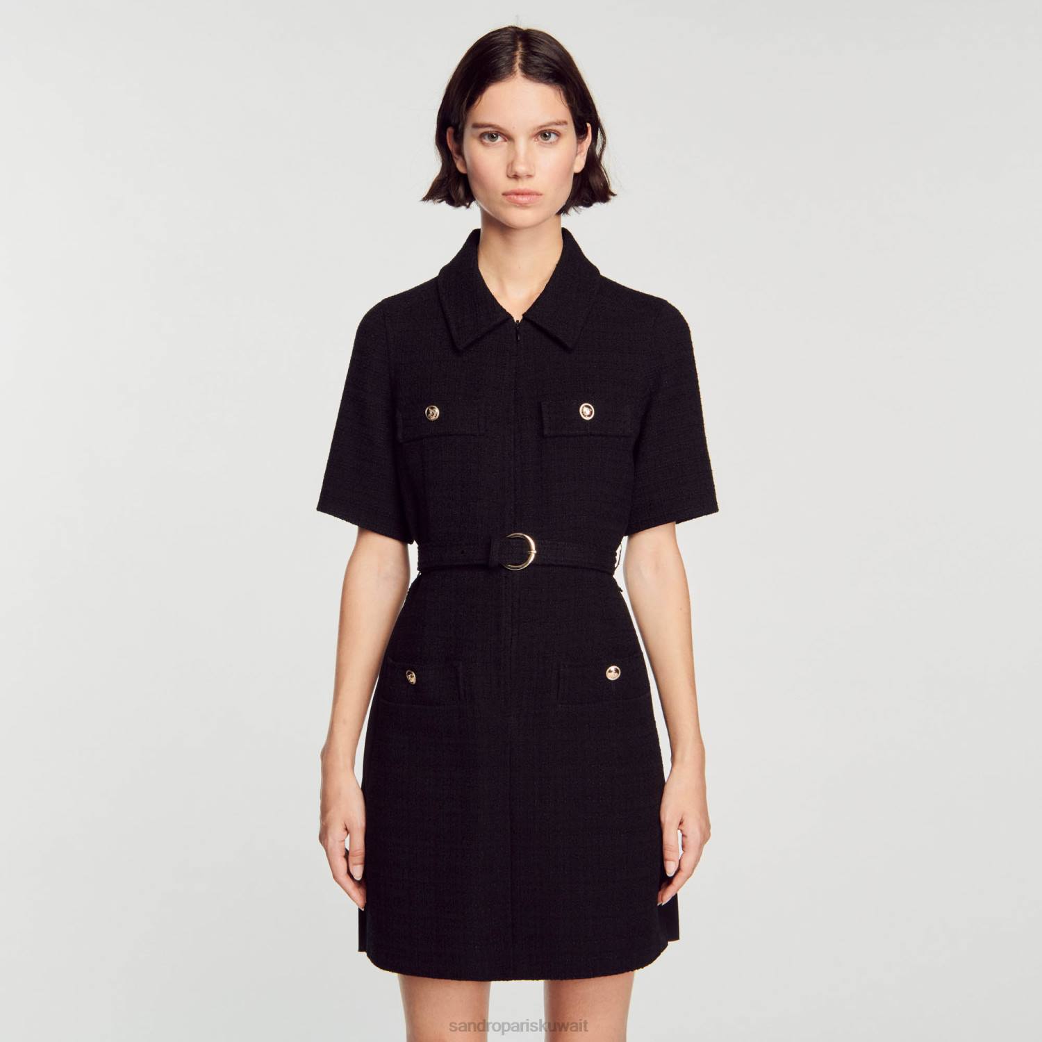 ثياب Sandro Paris فستان بأكمام قصيرة مصنوع من مادتين أسود نحيف ZJ00157