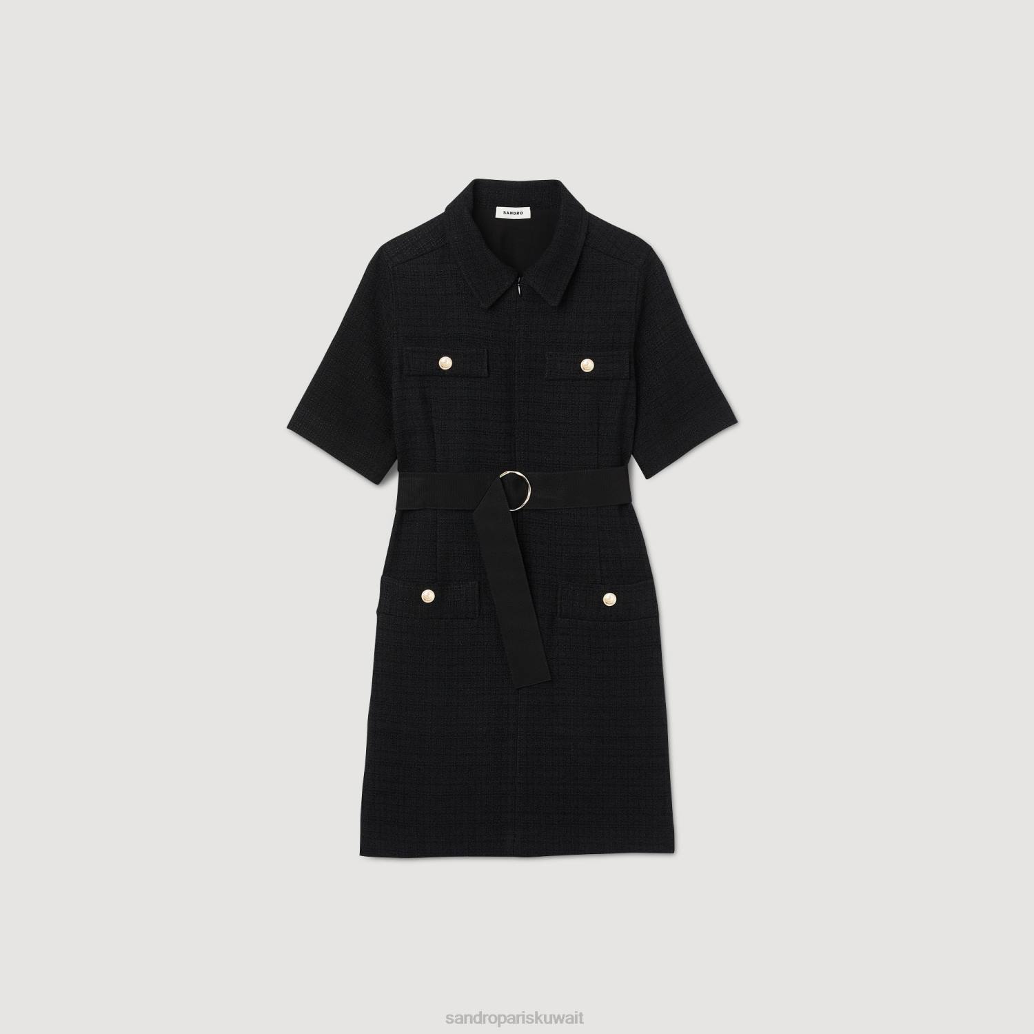ثياب Sandro Paris فستان بأكمام قصيرة مصنوع من مادتين أسود نحيف ZJ00157