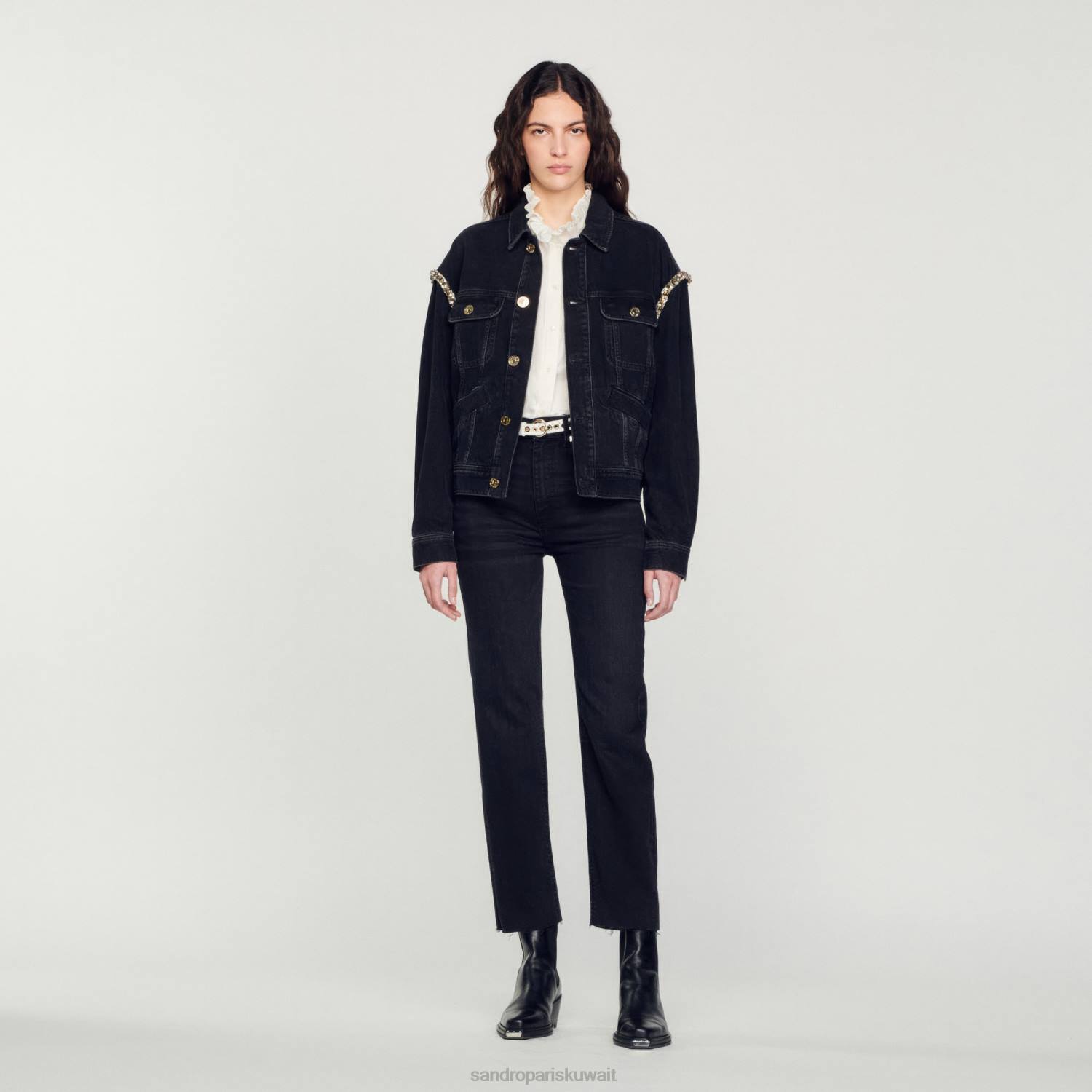 ثياب Sandro Paris جينز بقصة مستقيمة وحواف خام أسود نحيف ZJ00158