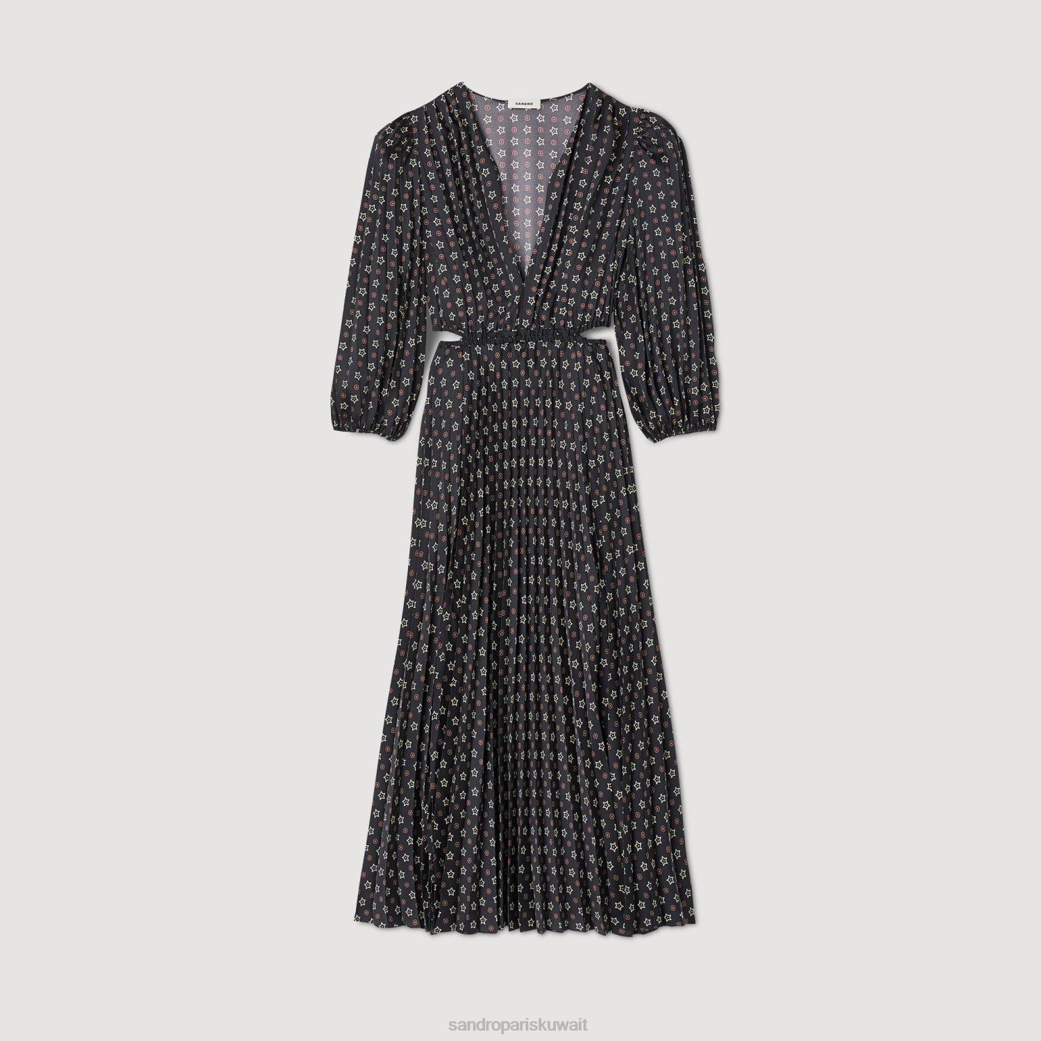 ثياب Sandro Paris فستان طويل مطبوع مع طيات أسود أحمر نحيف ZJ0016
