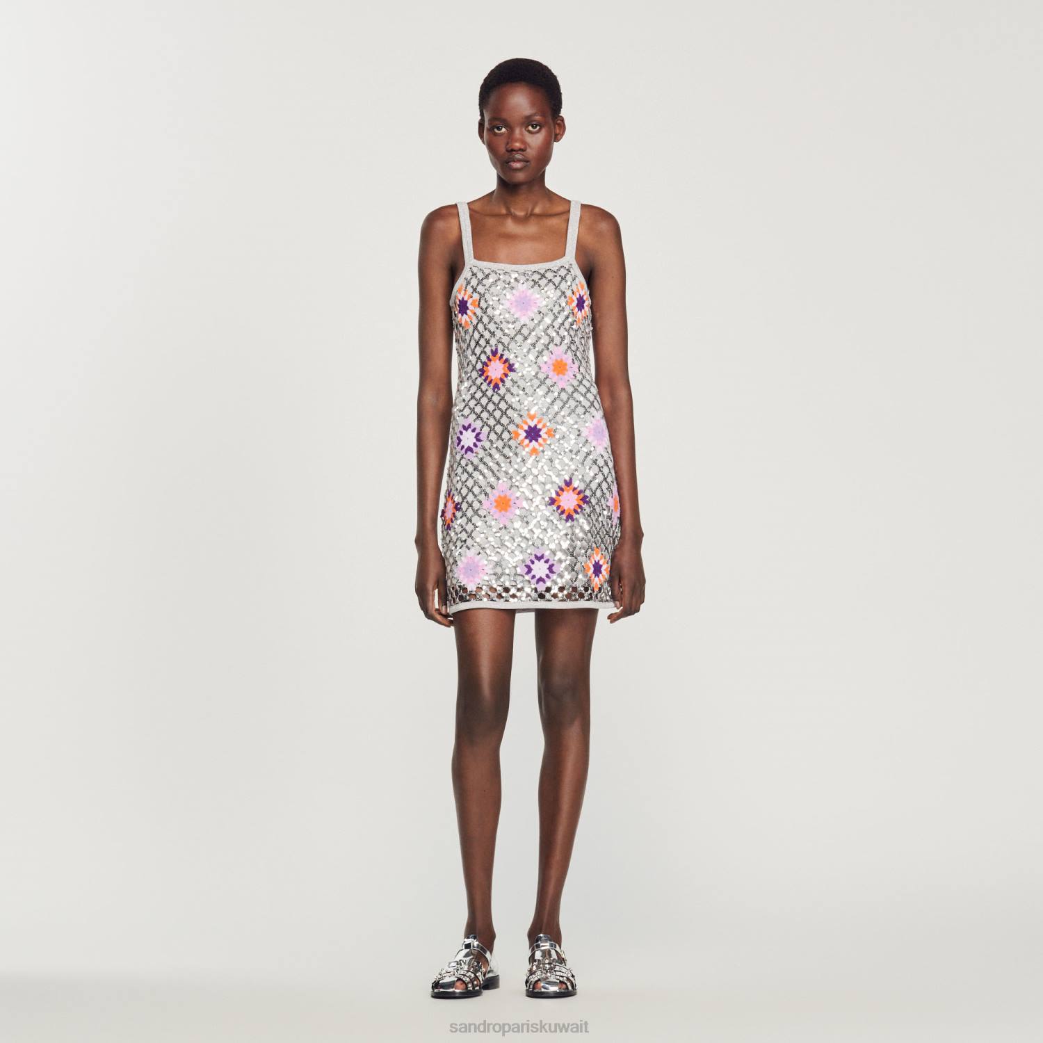 ثياب Sandro Paris فستان قصير من الكروشيه والترتر فضة نحيف ZJ00173