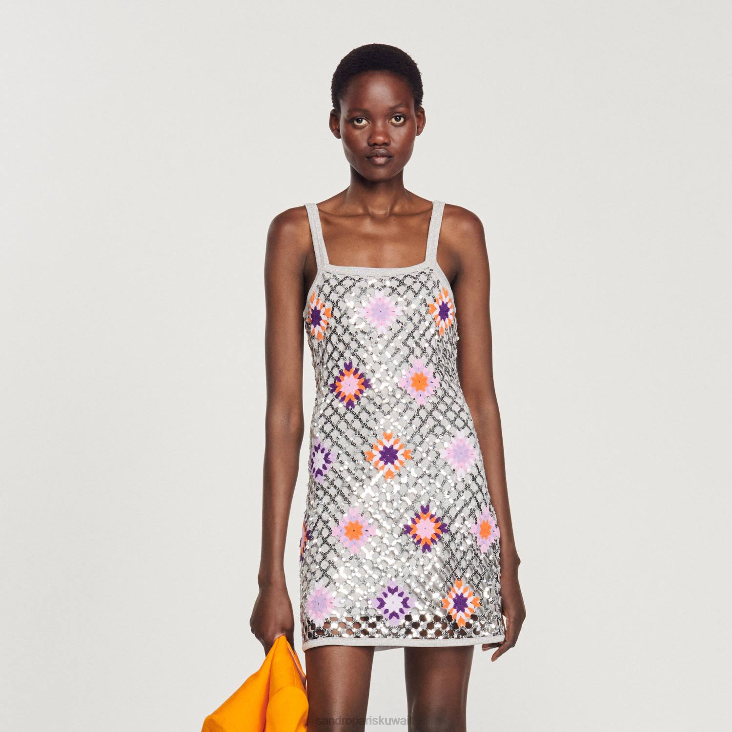 ثياب Sandro Paris فستان قصير من الكروشيه والترتر فضة نحيف ZJ00173