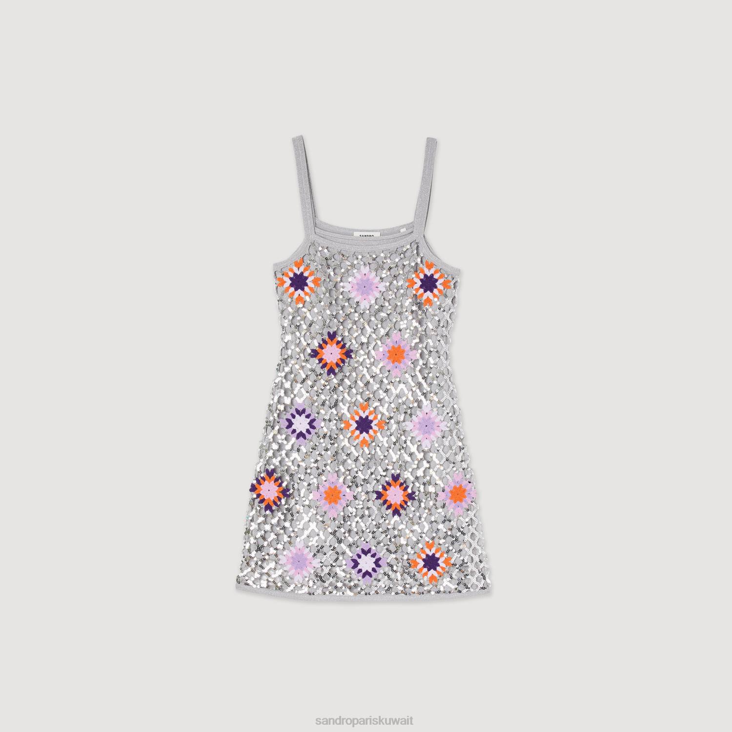 ثياب Sandro Paris فستان قصير من الكروشيه والترتر فضة نحيف ZJ00173