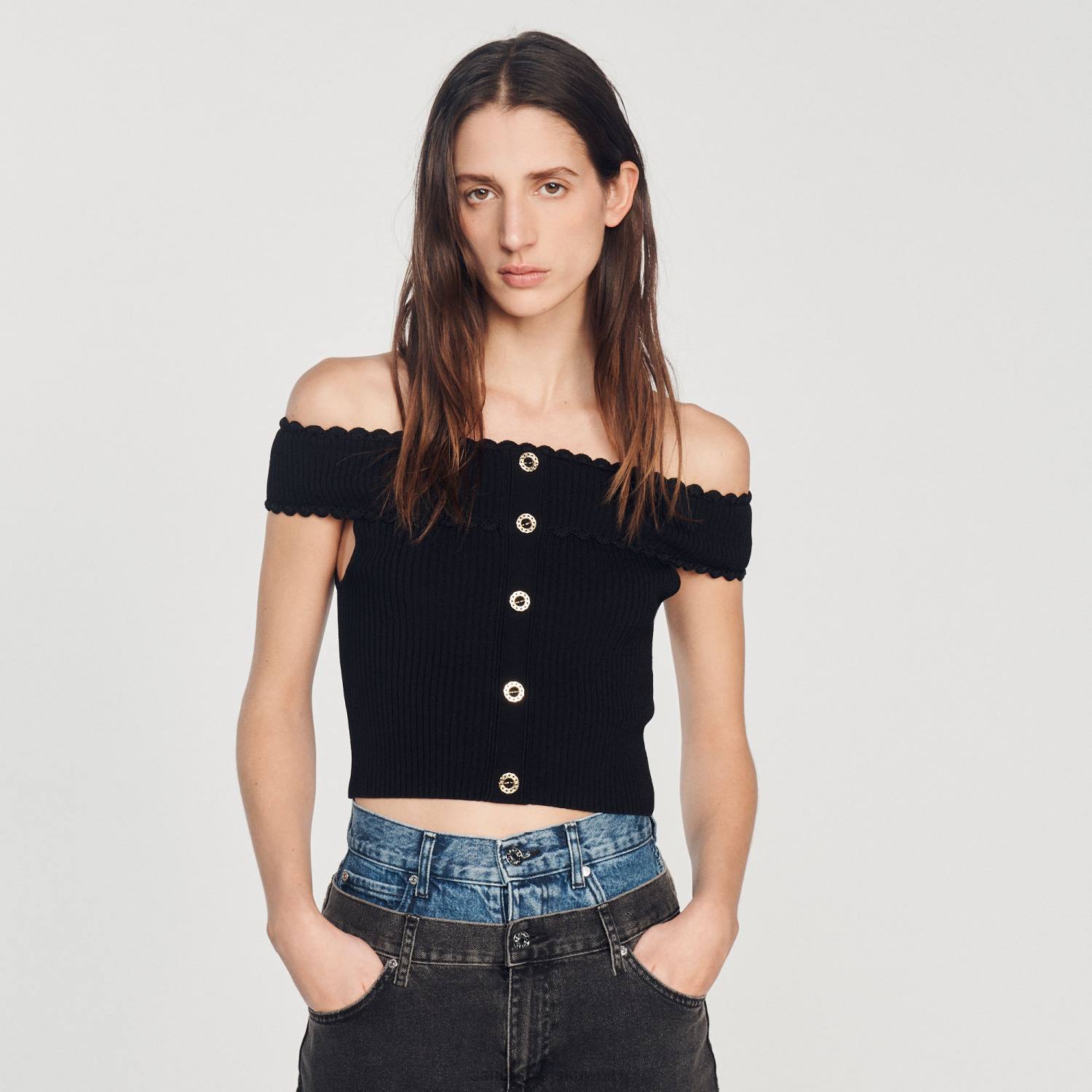 ثياب Sandro Paris أعلى متماسكة اقتصاص أسود نحيف ZJ00180