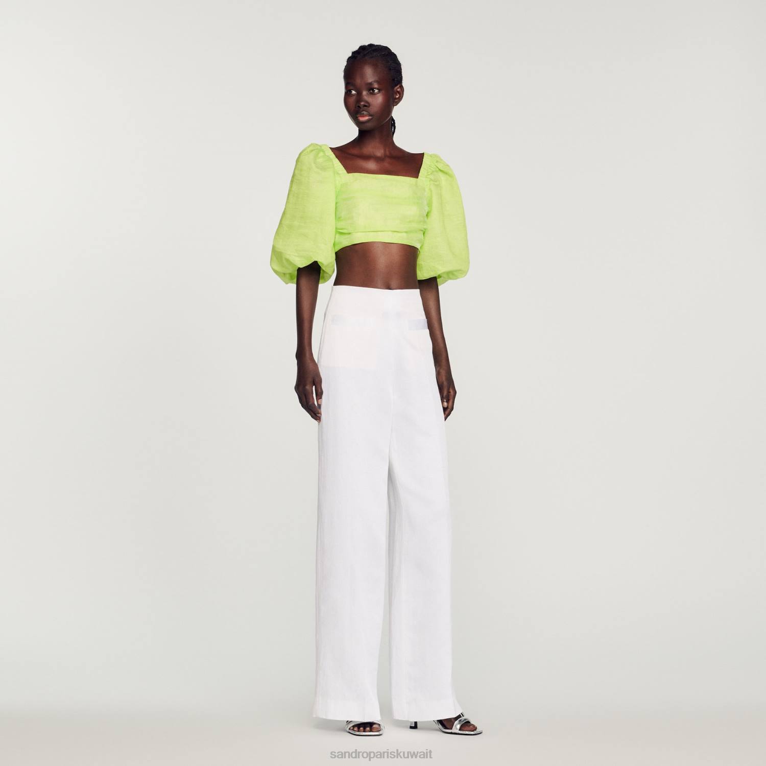 ثياب Sandro Paris السراويل واسعة الساق أبيض نحيف ZJ00181