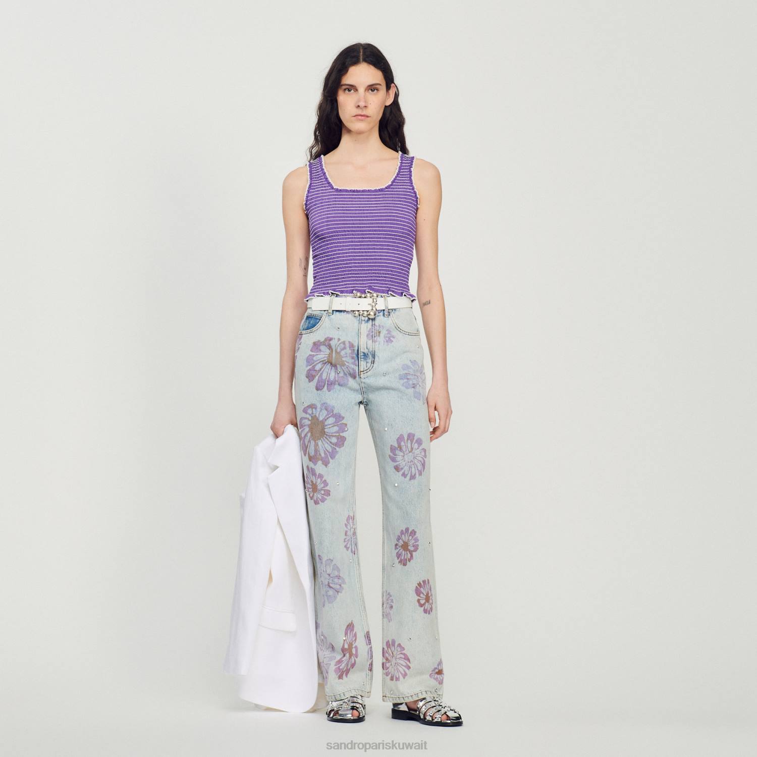 ثياب Sandro Paris أعلى خزان اقتصاص مدخن أرجواني نحيف ZJ00187