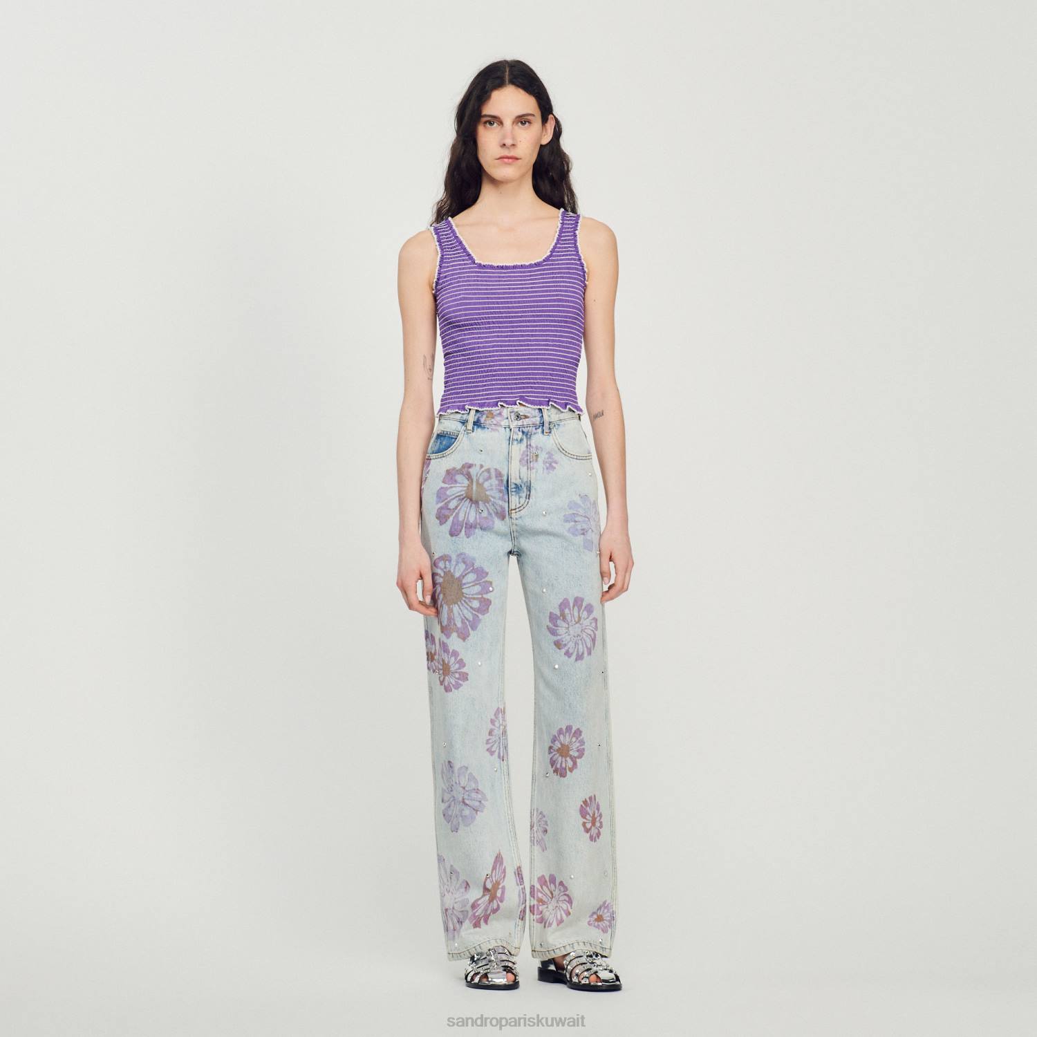 ثياب Sandro Paris أعلى خزان اقتصاص مدخن أرجواني نحيف ZJ00187