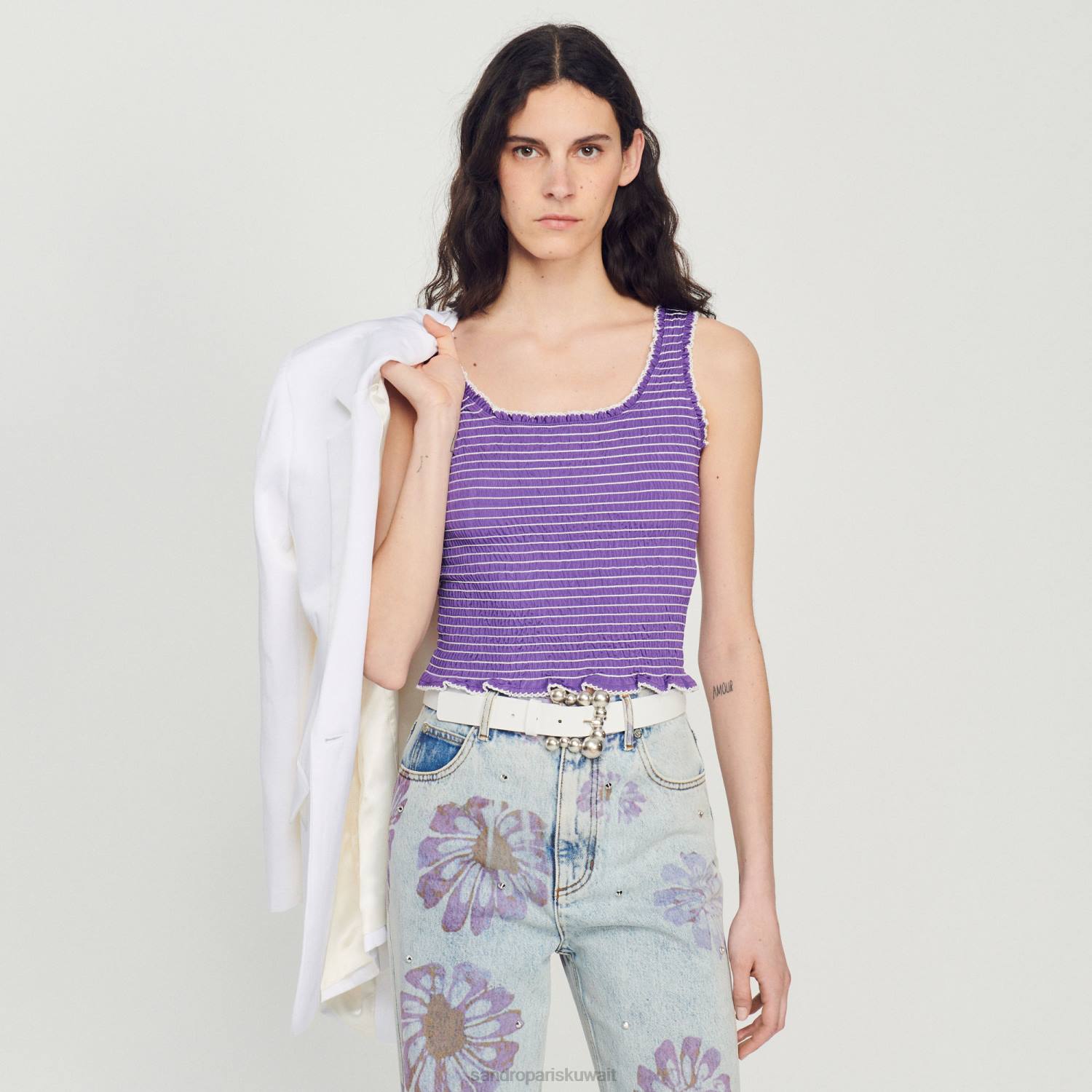 ثياب Sandro Paris أعلى خزان اقتصاص مدخن أرجواني نحيف ZJ00187