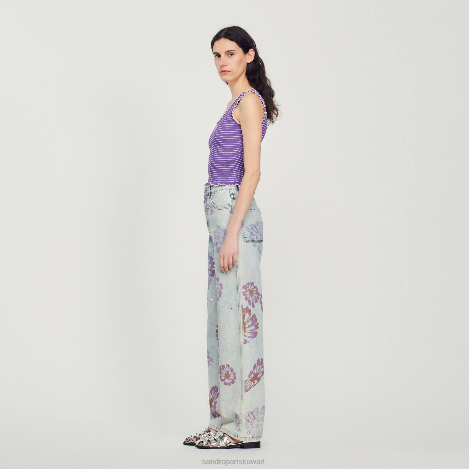 ثياب Sandro Paris أعلى خزان اقتصاص مدخن أرجواني نحيف ZJ00187