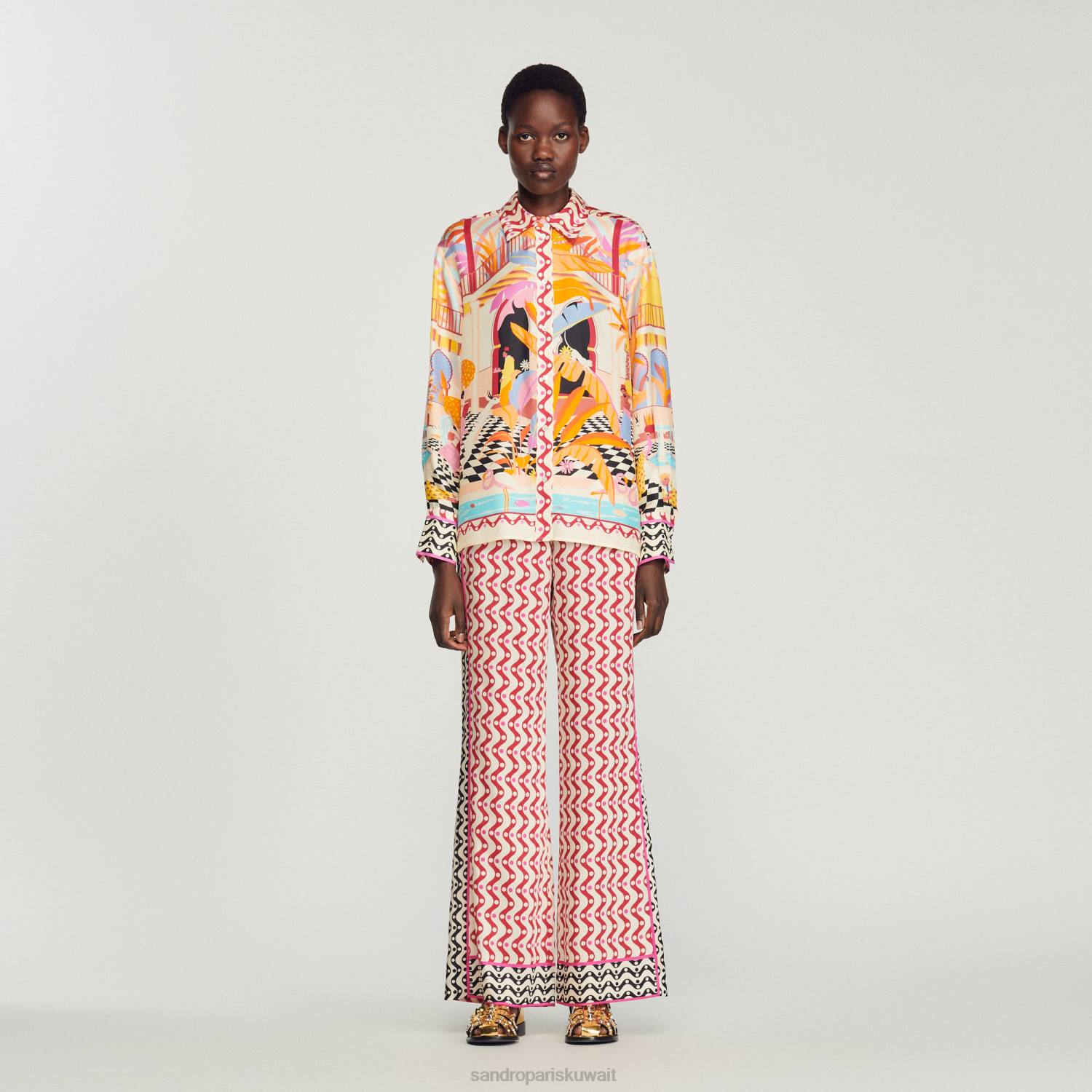 ثياب Sandro Paris قميص حرير مطبوع برتقالي/وردي نحيف ZJ00188