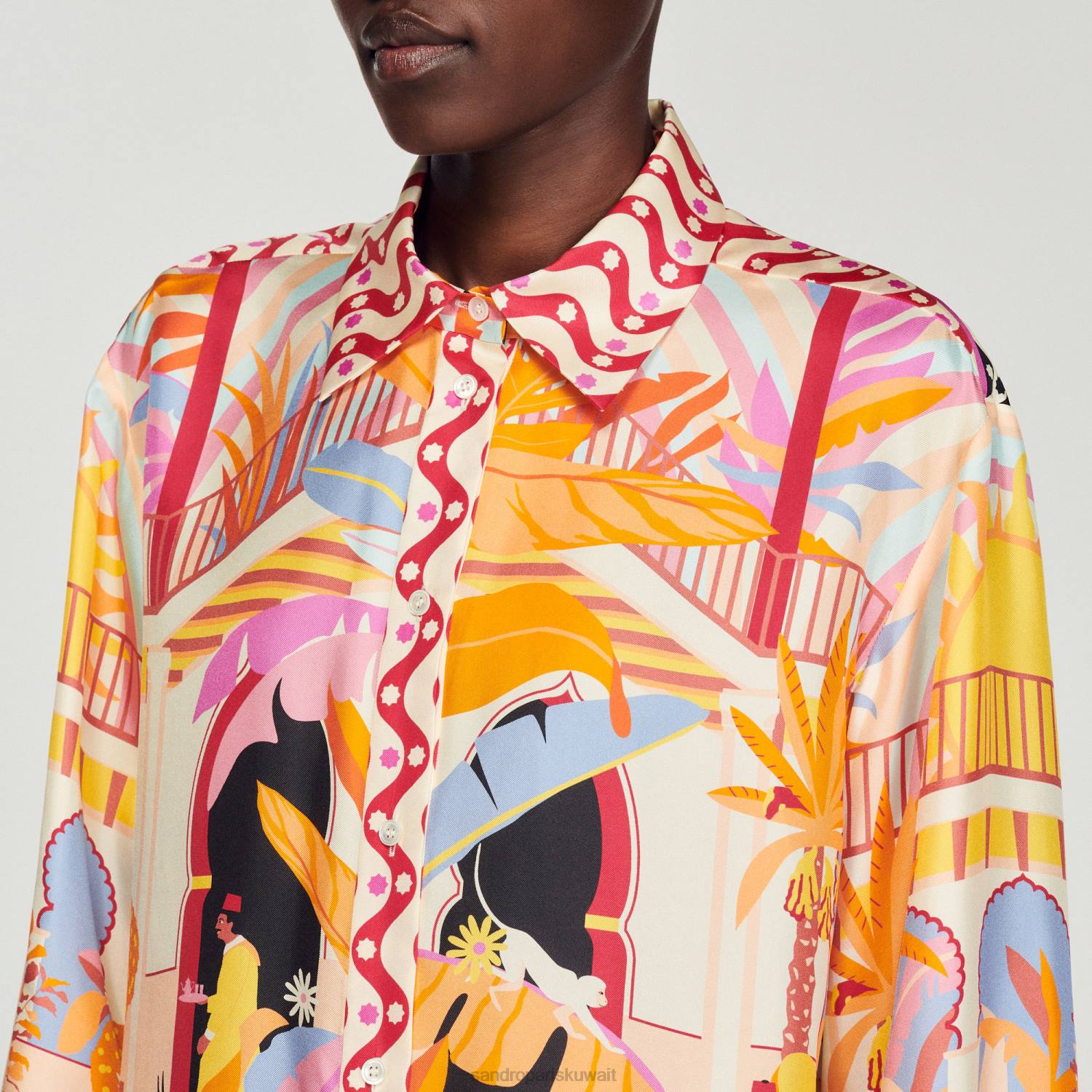 ثياب Sandro Paris قميص حرير مطبوع برتقالي/وردي نحيف ZJ00188